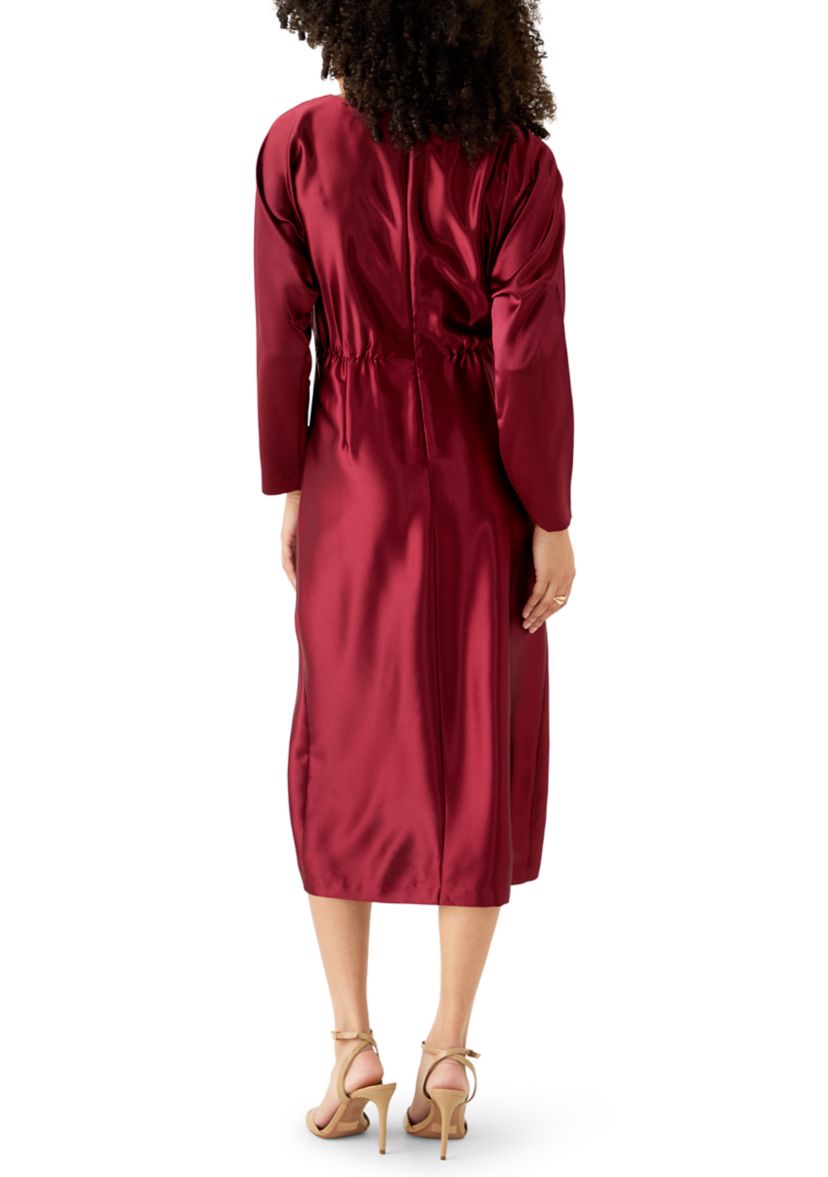 Womens Long Sleeve Crew Neck Satin A-Line Dress