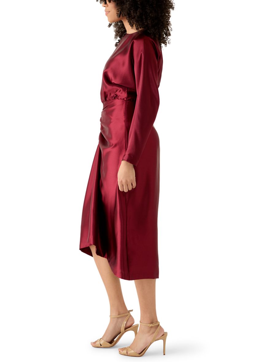 Womens Long Sleeve Crew Neck Satin A-Line Dress