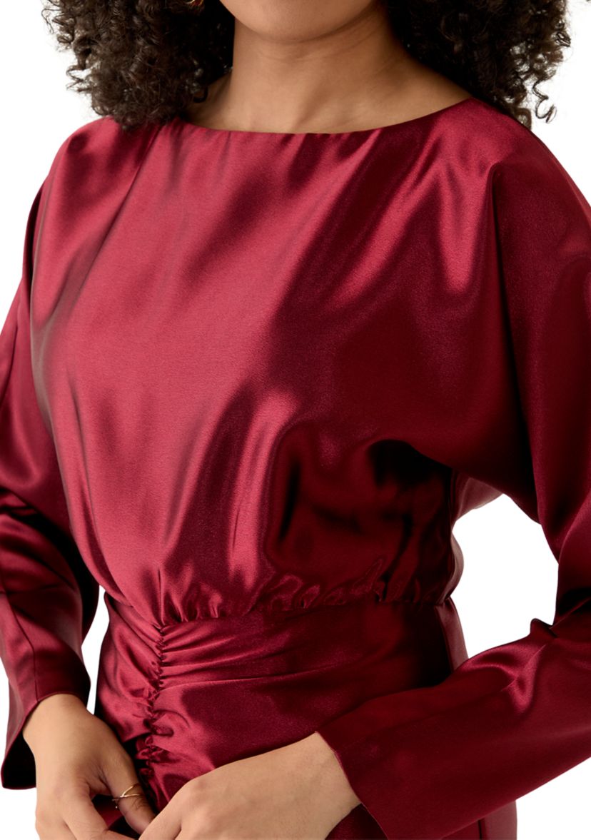 Womens Long Sleeve Crew Neck Satin A-Line Dress