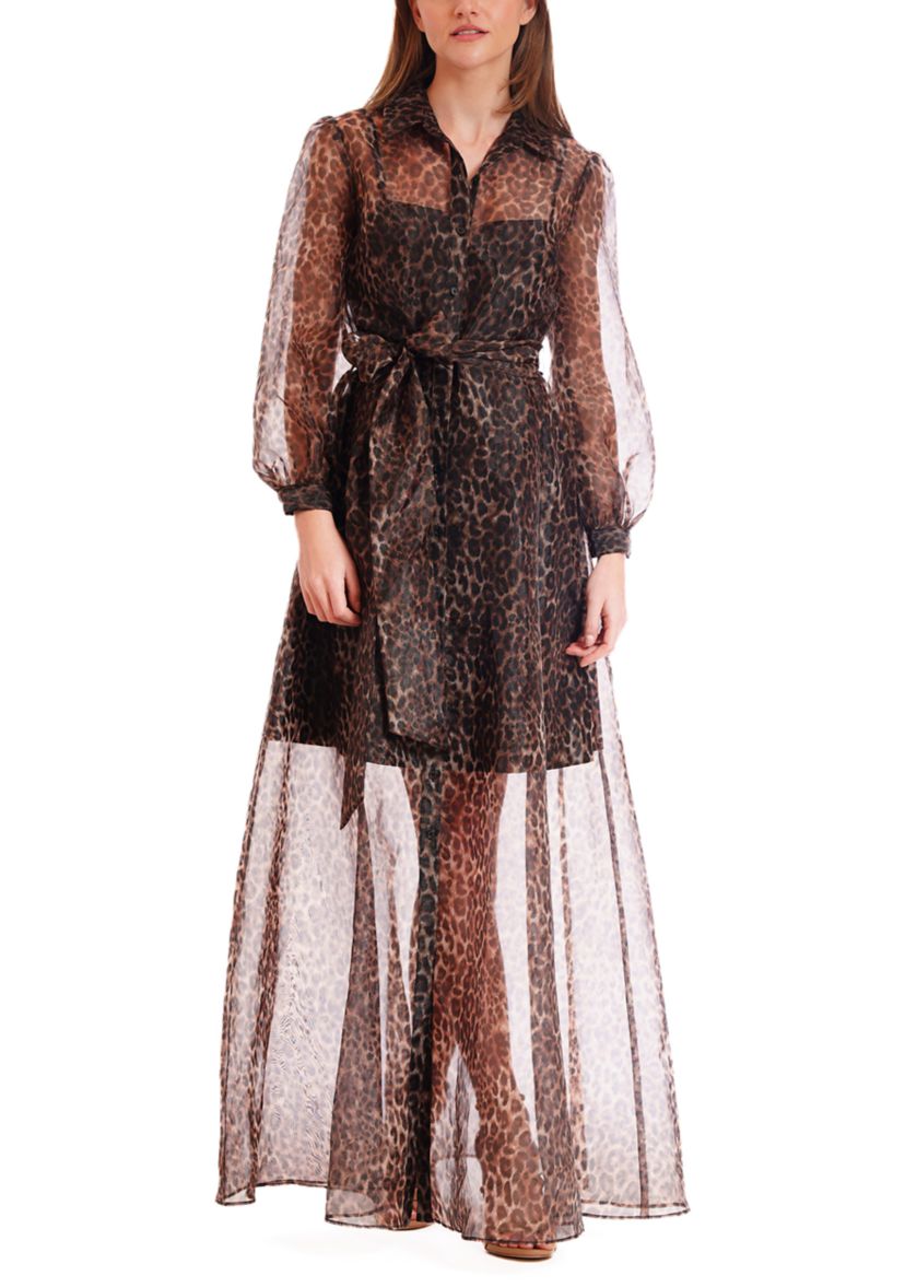 Womens Long Sleeve Printed Organza Dress