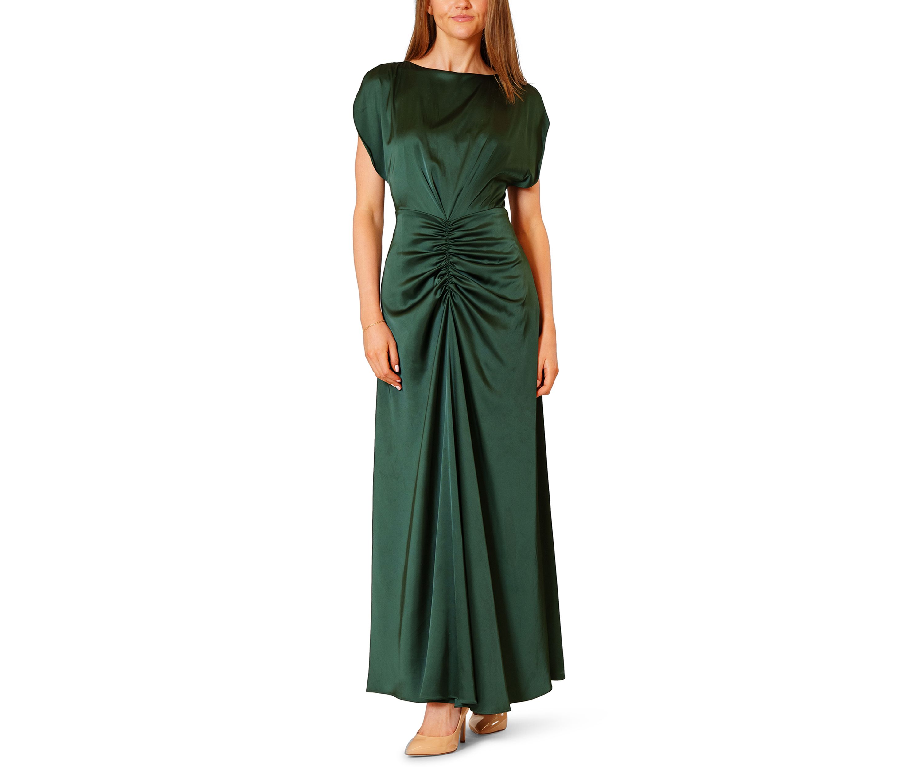 Womens Short Sleeve Satin Ruched Waist Gown