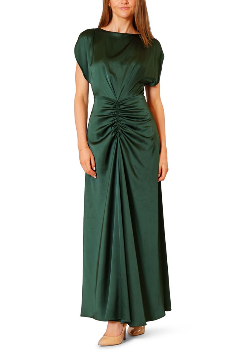 Womens Short Sleeve Satin Ruched Waist Gown
