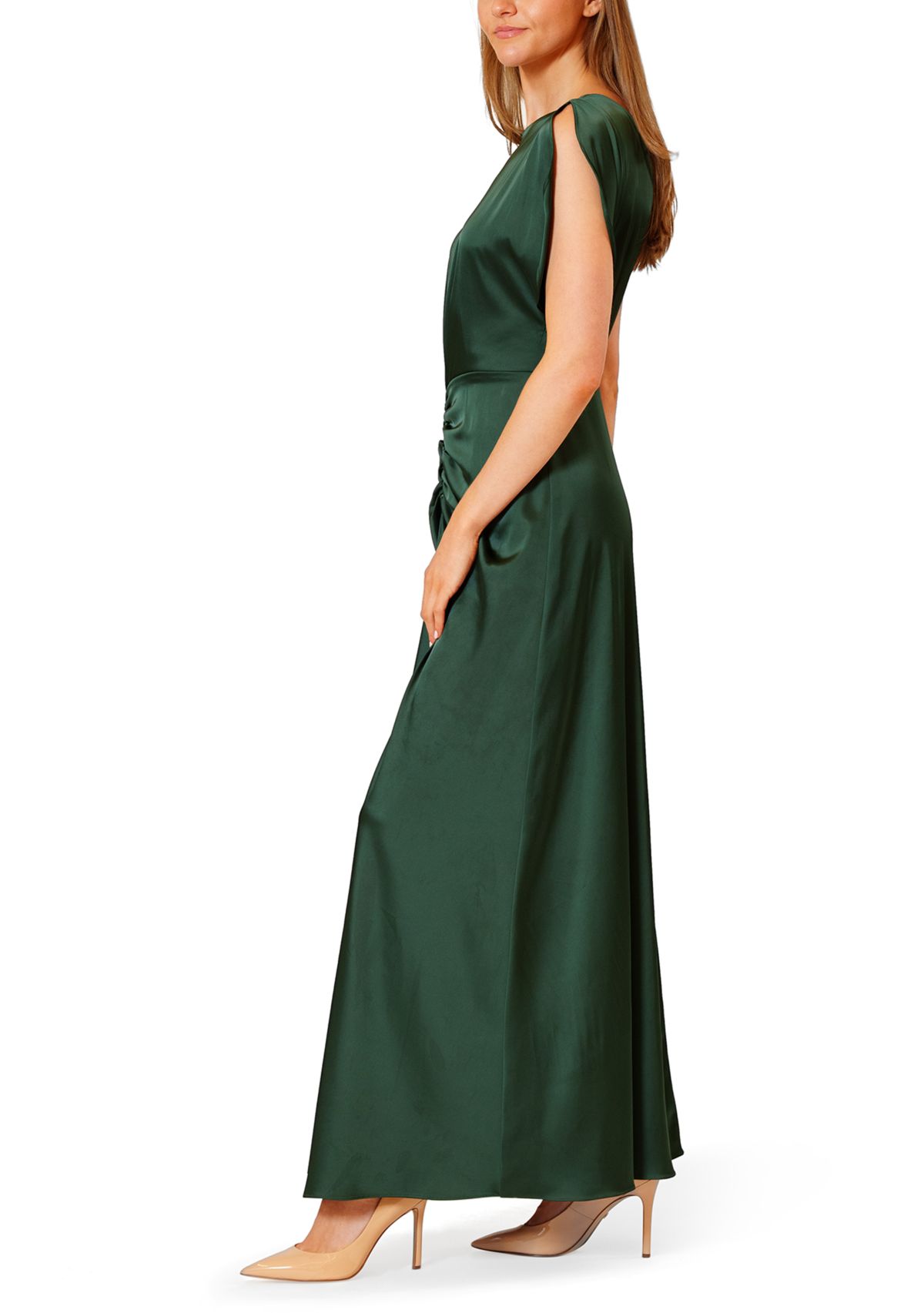 Womens Short Sleeve Satin Ruched Waist Gown