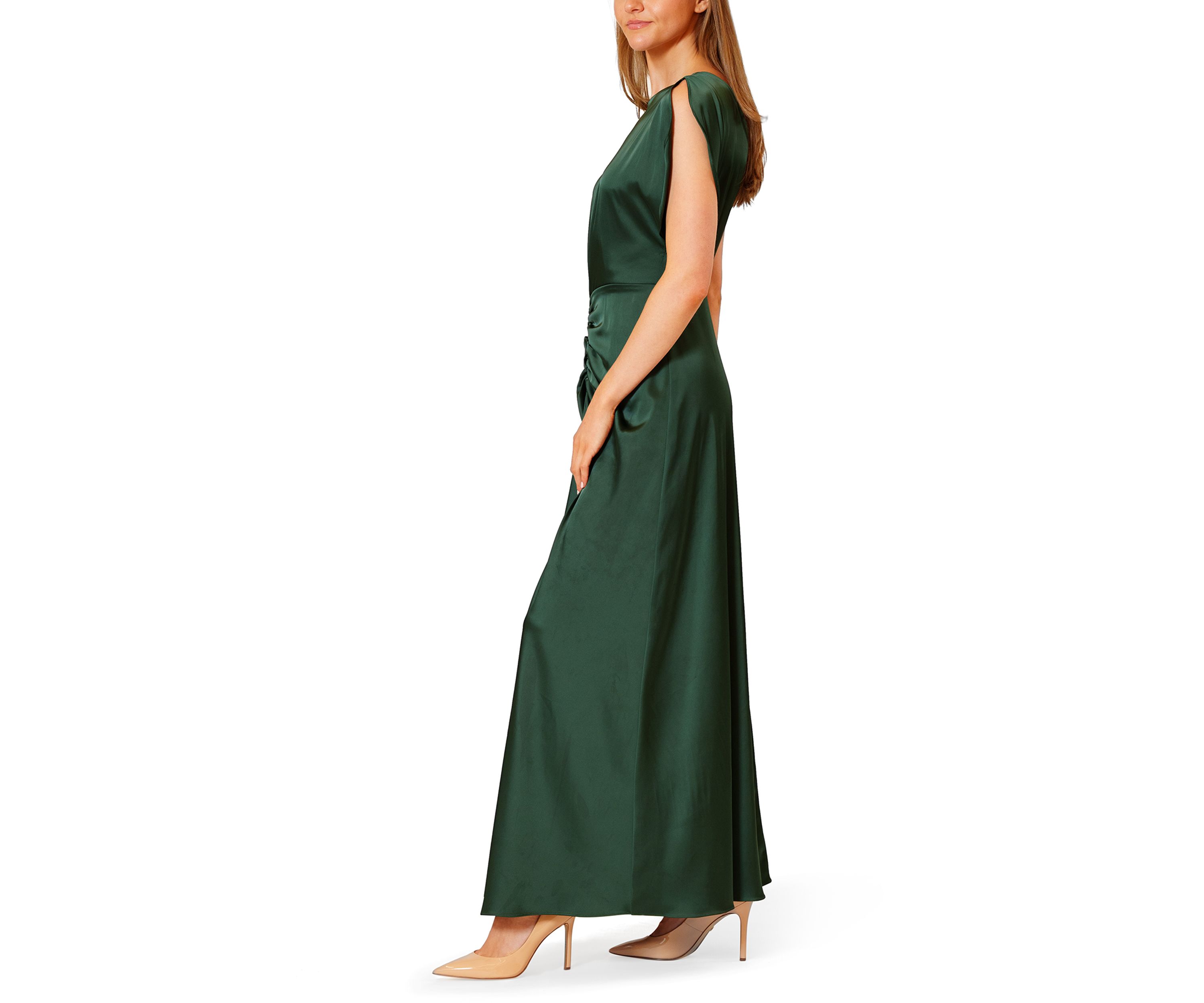 Womens Short Sleeve Satin Ruched Waist Gown