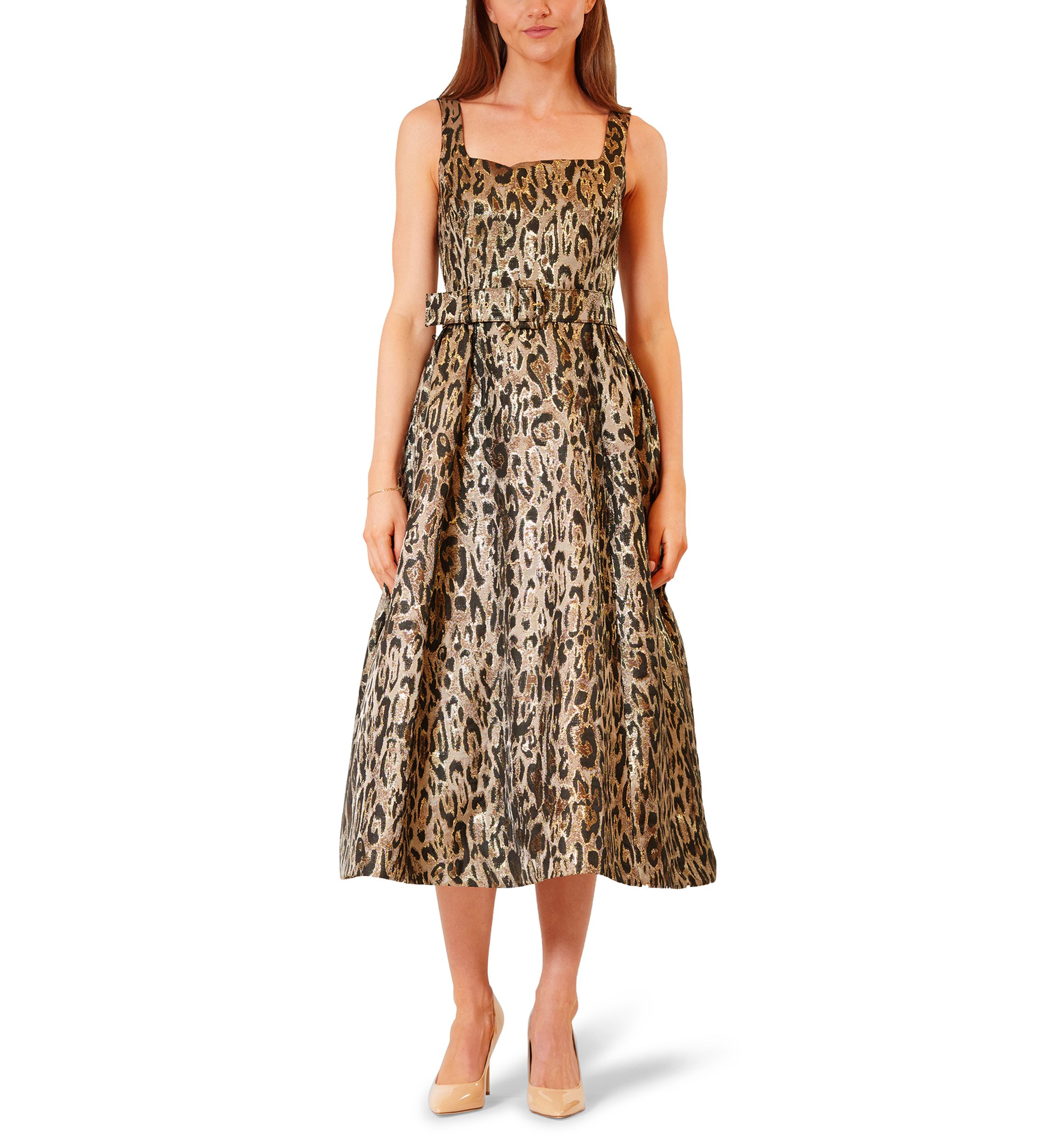Womens Sleeveless Animal Print Midi Dress