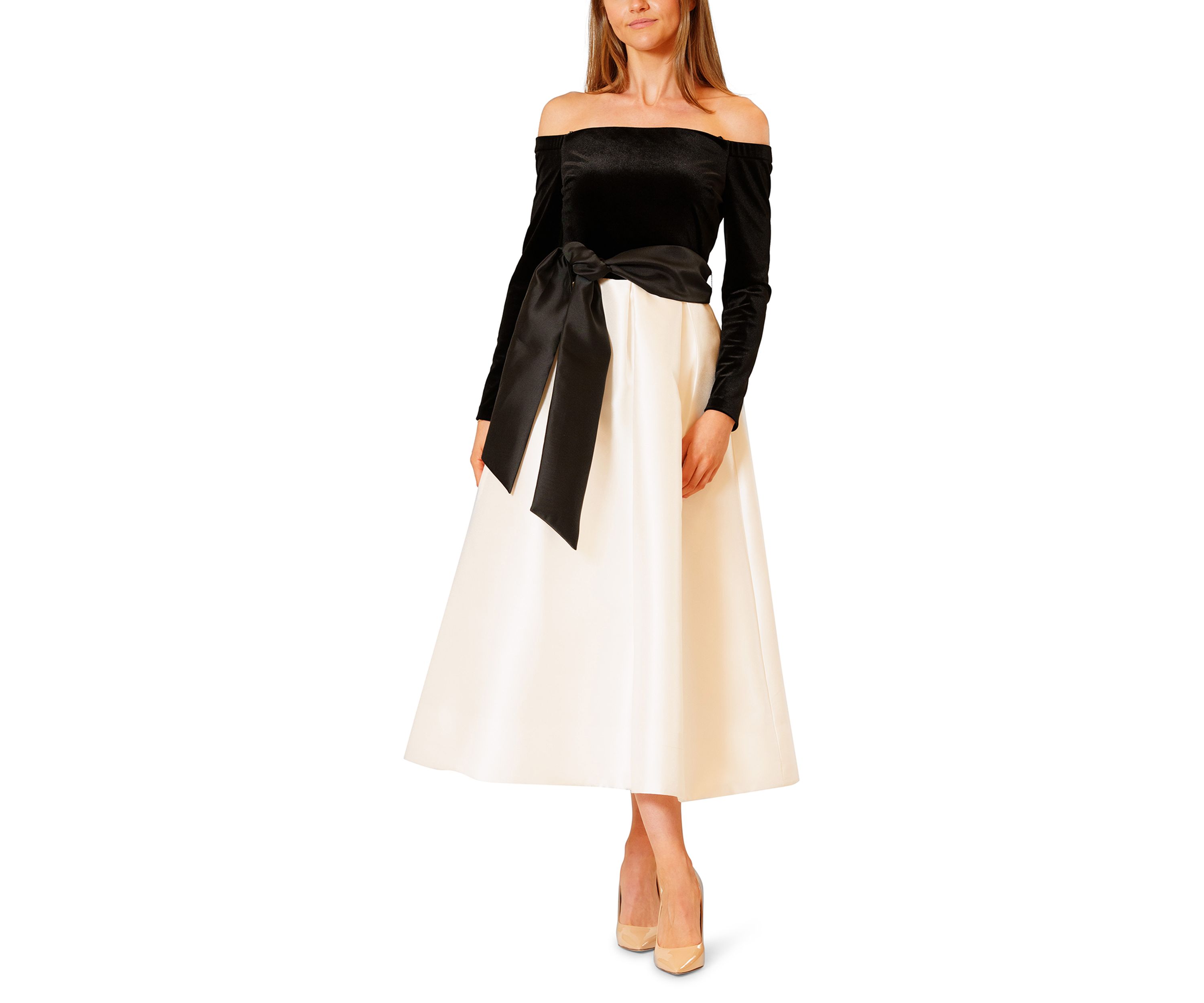 Womens Long Sleeve Off the Shoulder Velvet Bodice Gown with Bow Waist
