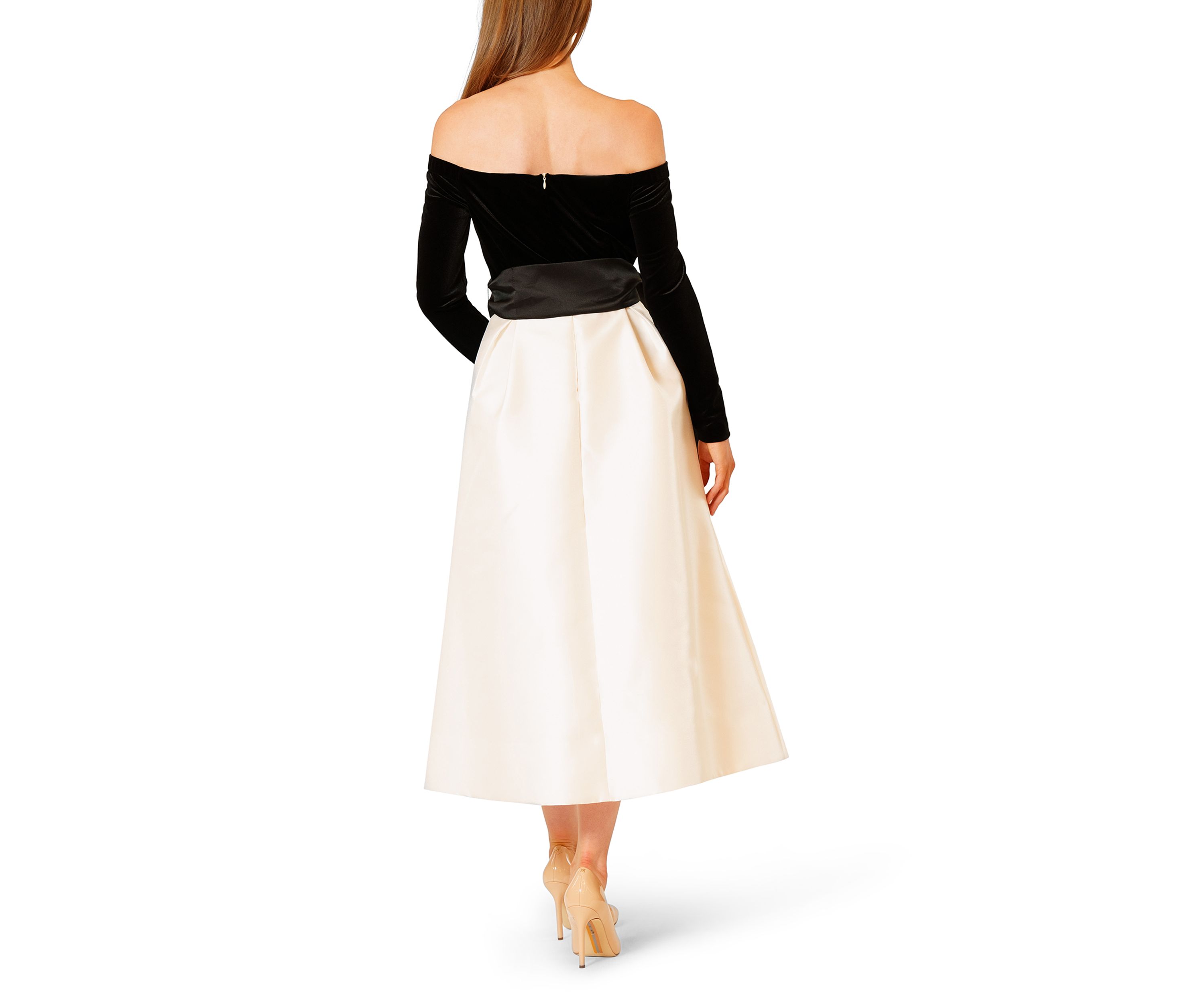 Womens Long Sleeve Off the Shoulder Velvet Bodice Gown with Bow Waist
