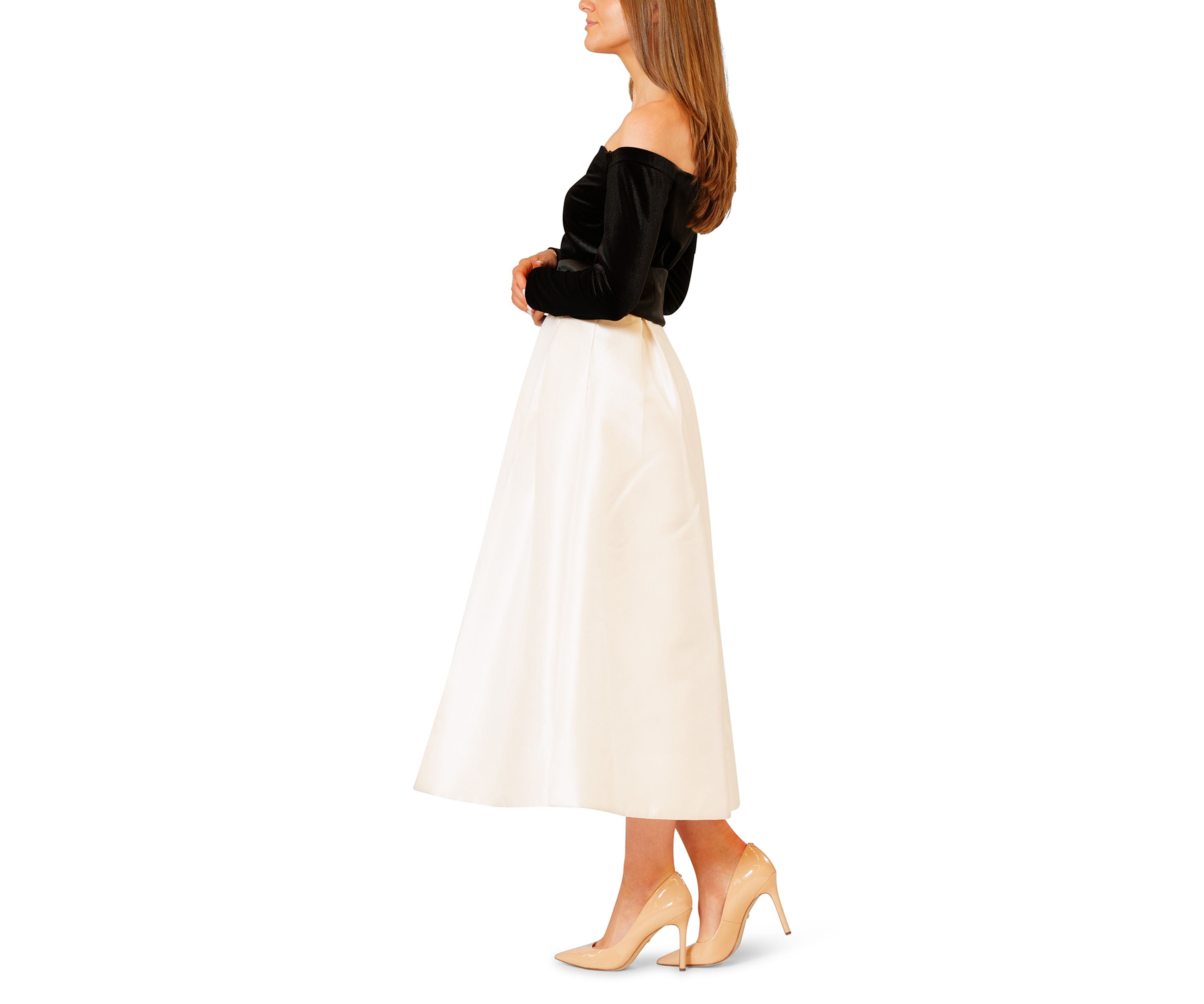 Womens Long Sleeve Off the Shoulder Velvet Bodice Gown with Bow Waist