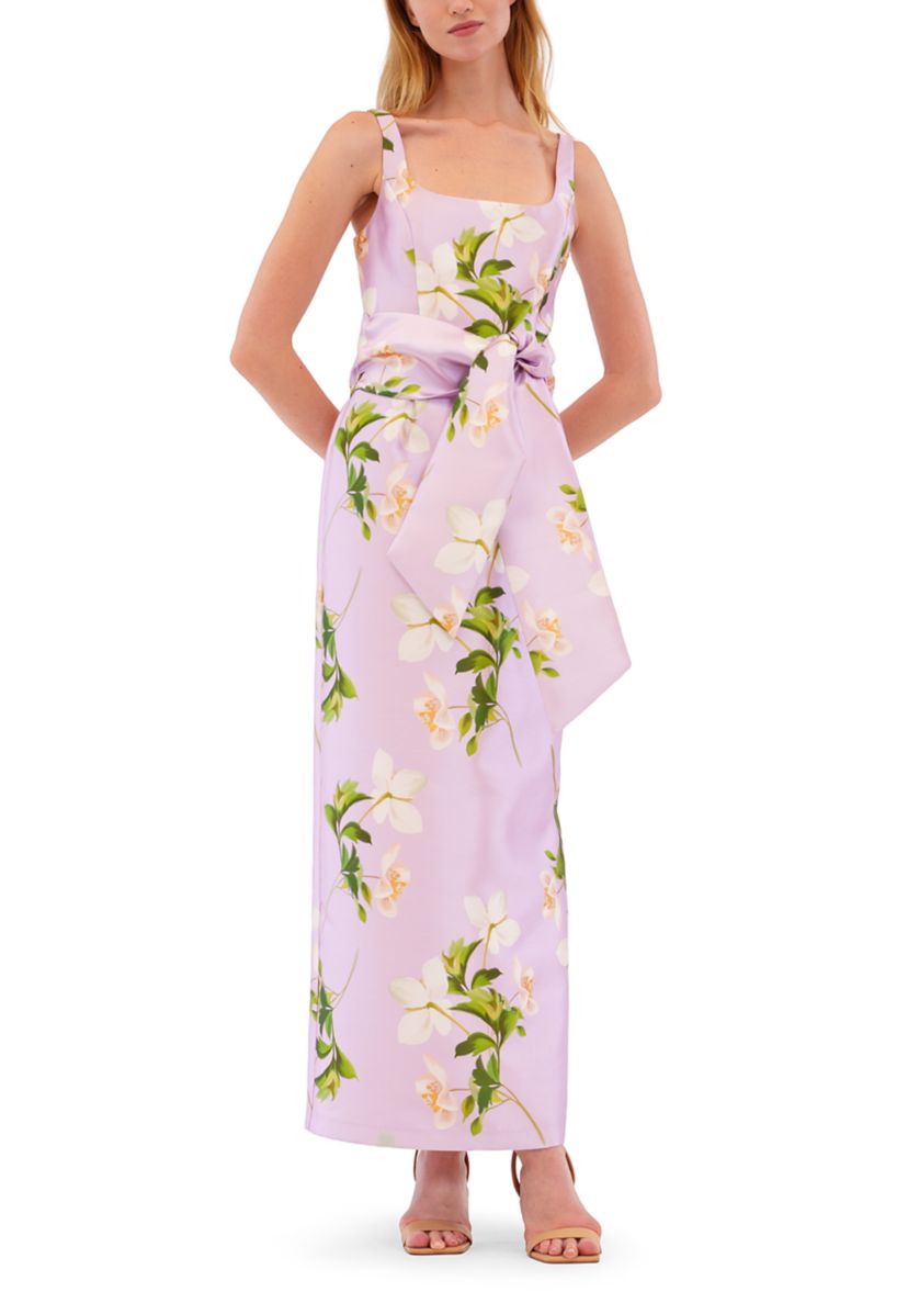 Womens Sleeveless Floral Tie Waist Dress