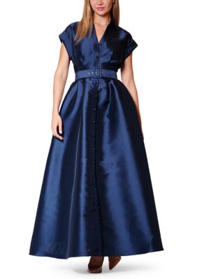 Julia Jordan Women's Short Sleeve Solid Twill Belted Mikado Shirt Maxi Dress, Navy Blue, 16