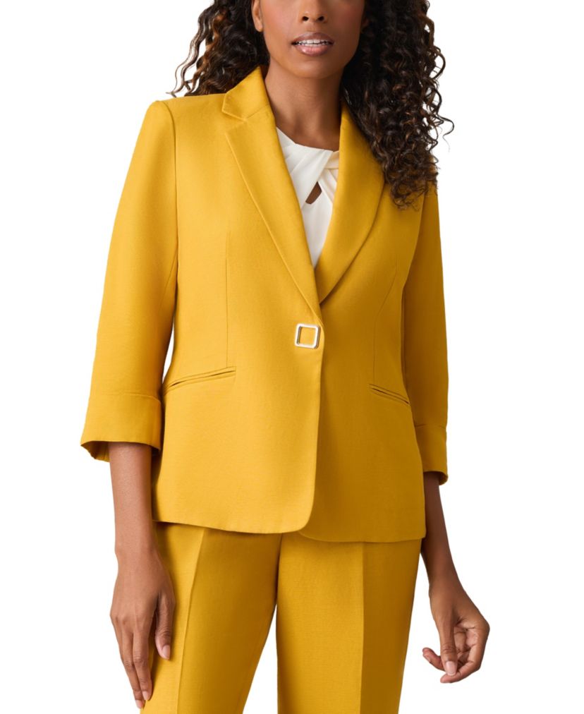 Womens Petite Linen Blend Square Snap Notch Collar Jacket