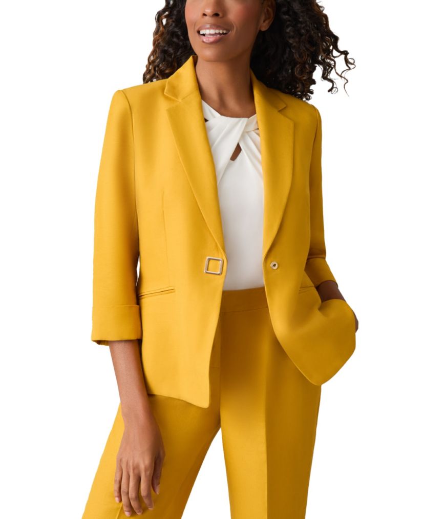 Womens Petite Linen Blend Square Snap Notch Collar Jacket