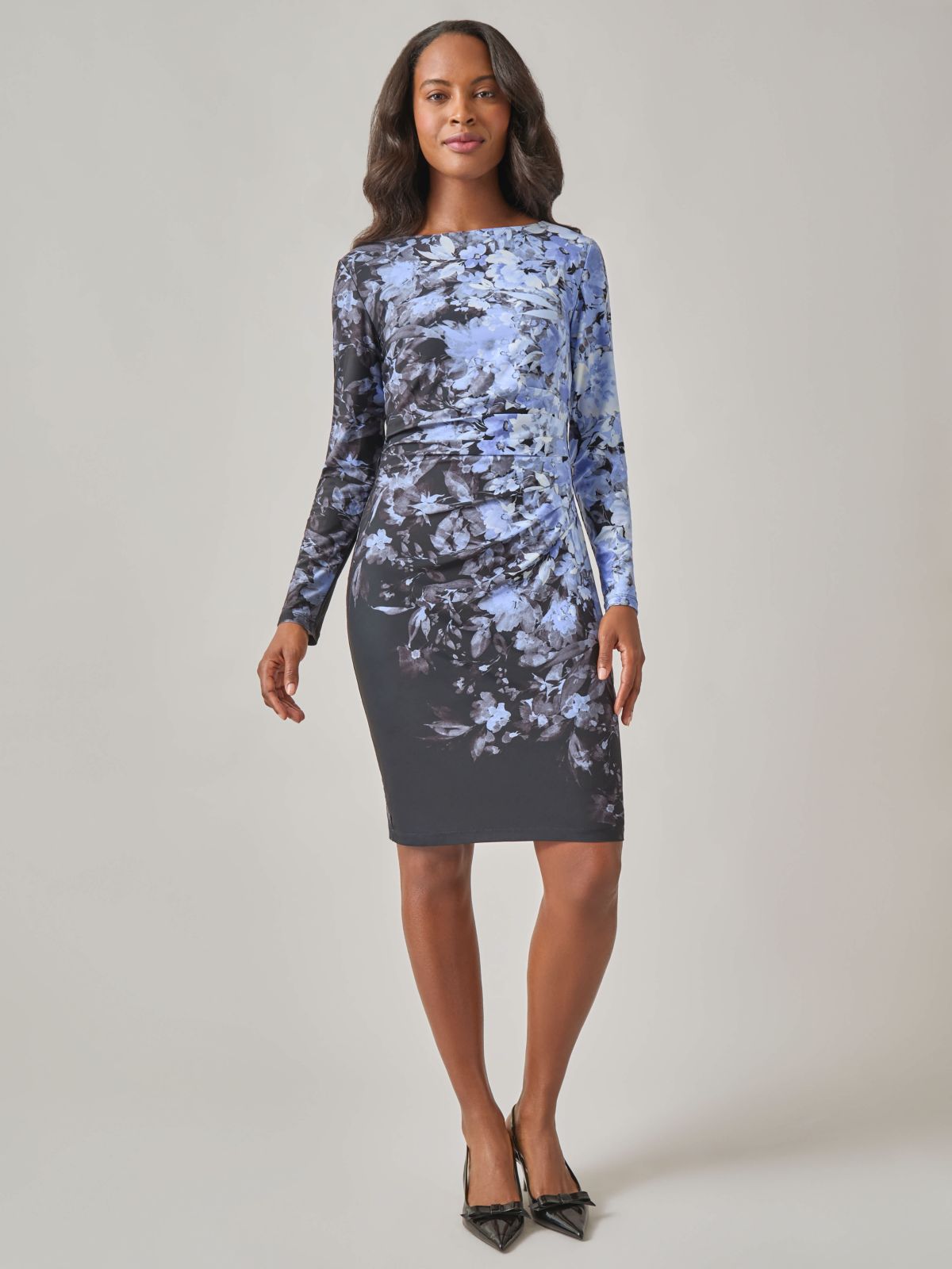 Long Sleeve Boat Neck Side Pleat Dress