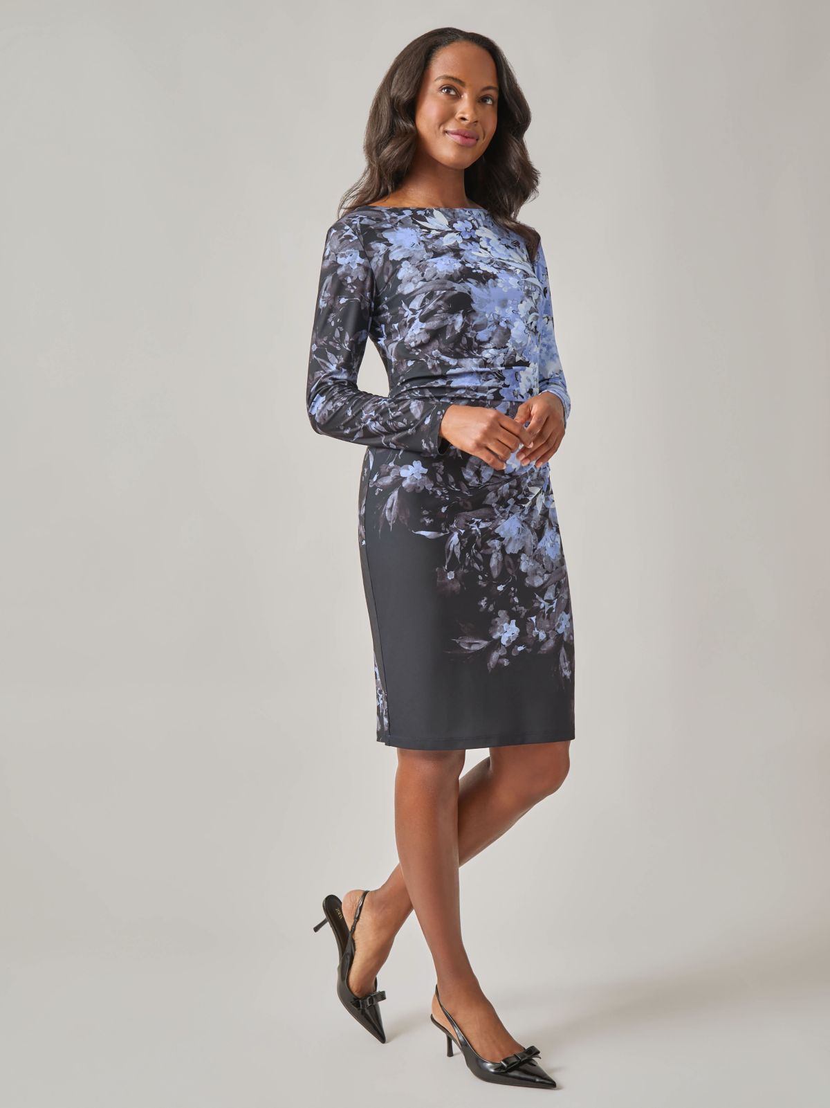 Long Sleeve Boat Neck Side Pleat Dress