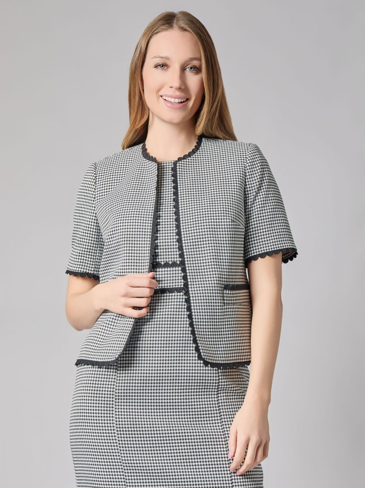 Kasper Check Short Sleeve Scalloped Jacket | Belk