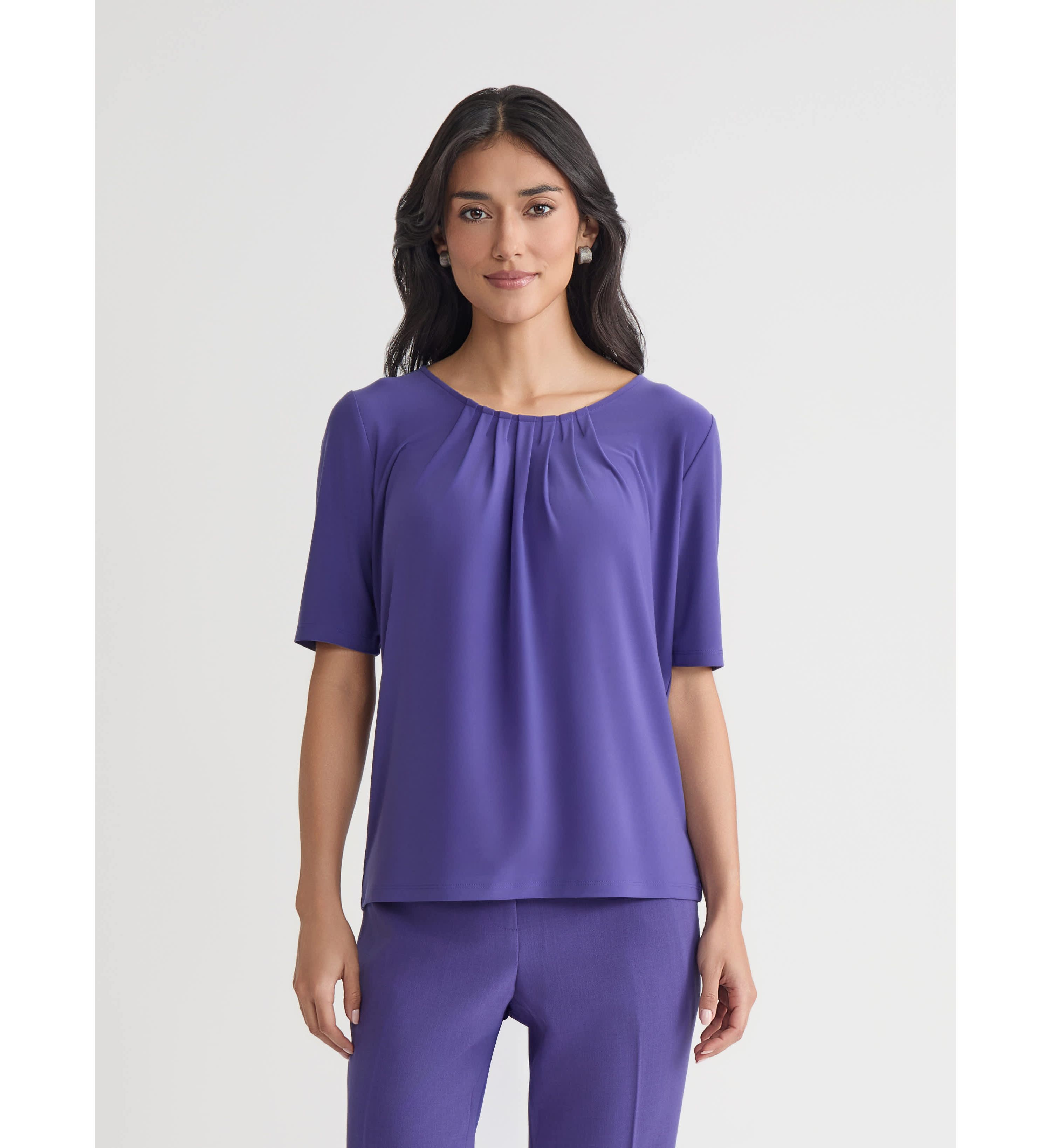 Petite Elbow Sleeve Pleat Neck Knit Top