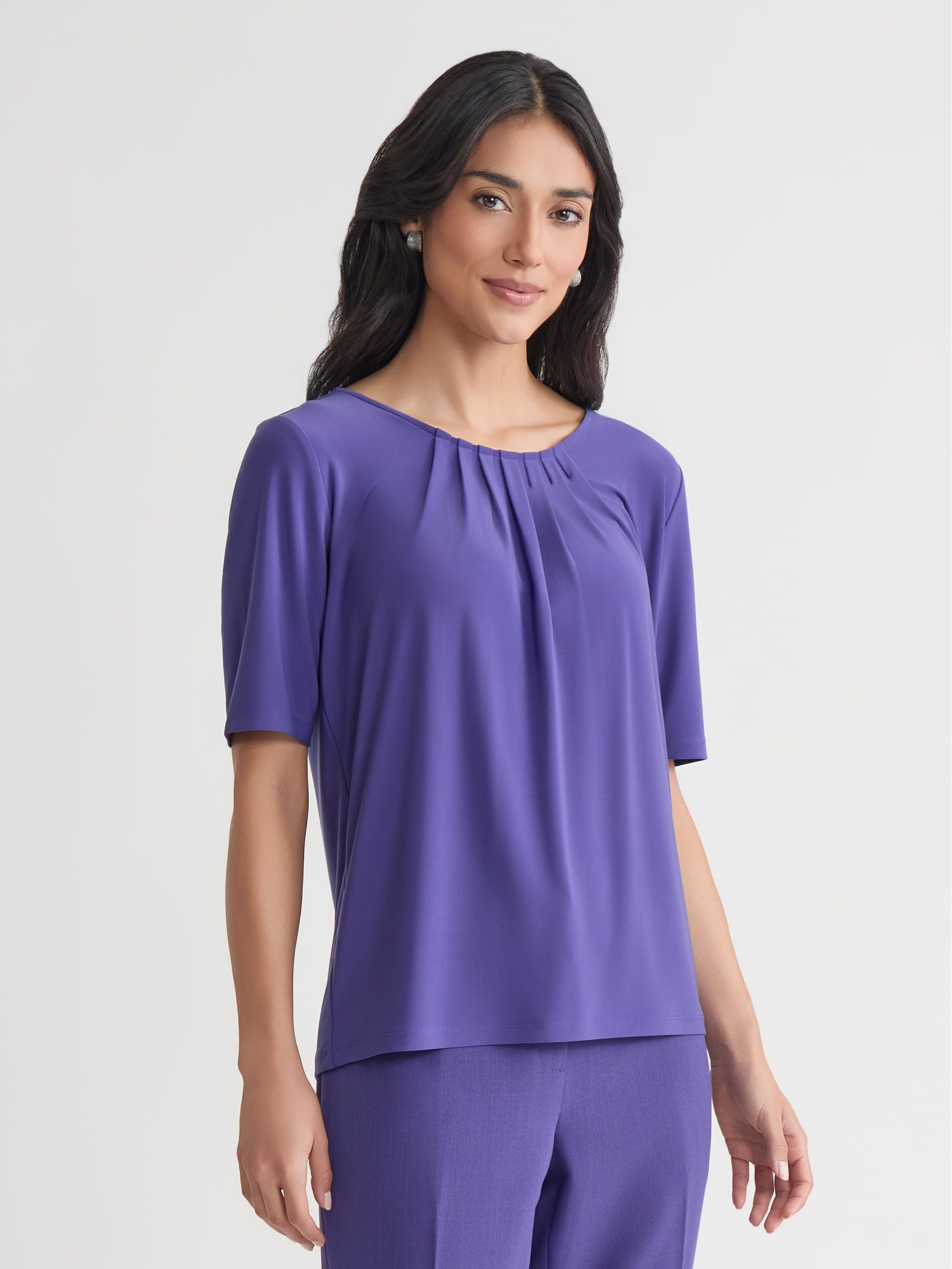 Petite Elbow Sleeve Pleat Neck Knit Top