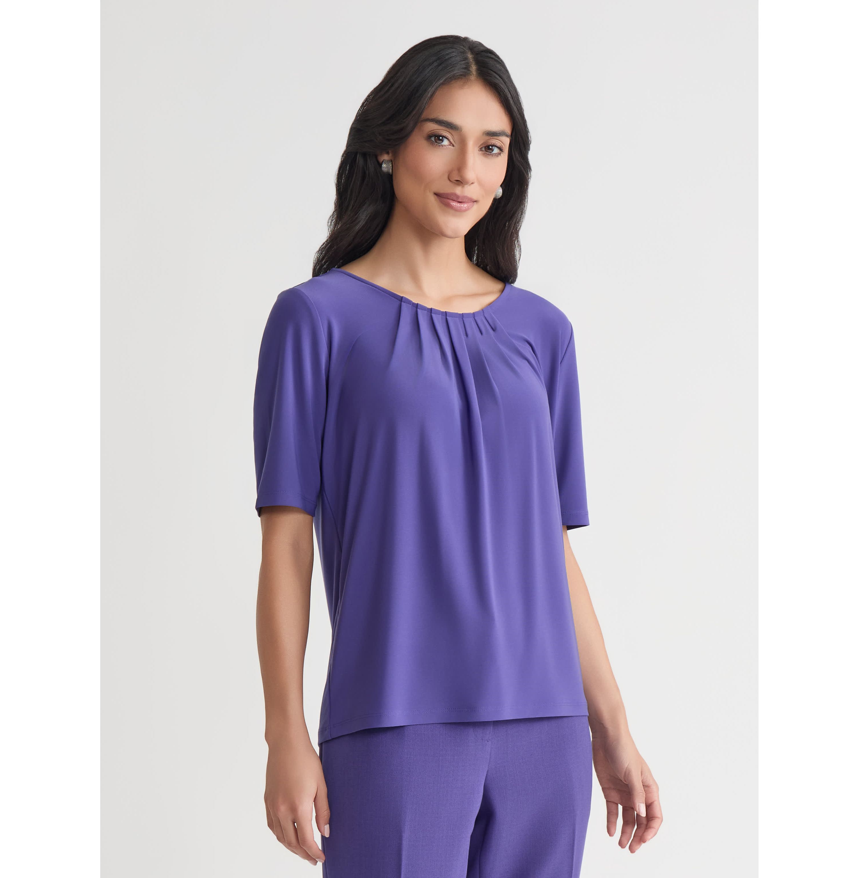 Petite Elbow Sleeve Pleat Neck Knit Top