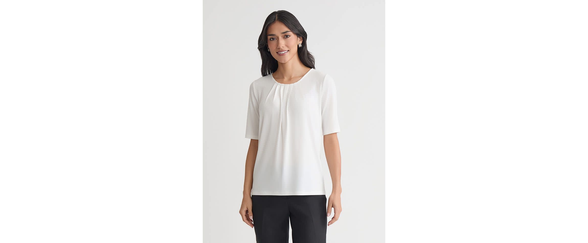 Petite Elbow Sleeve Pleat Neck Knit Top