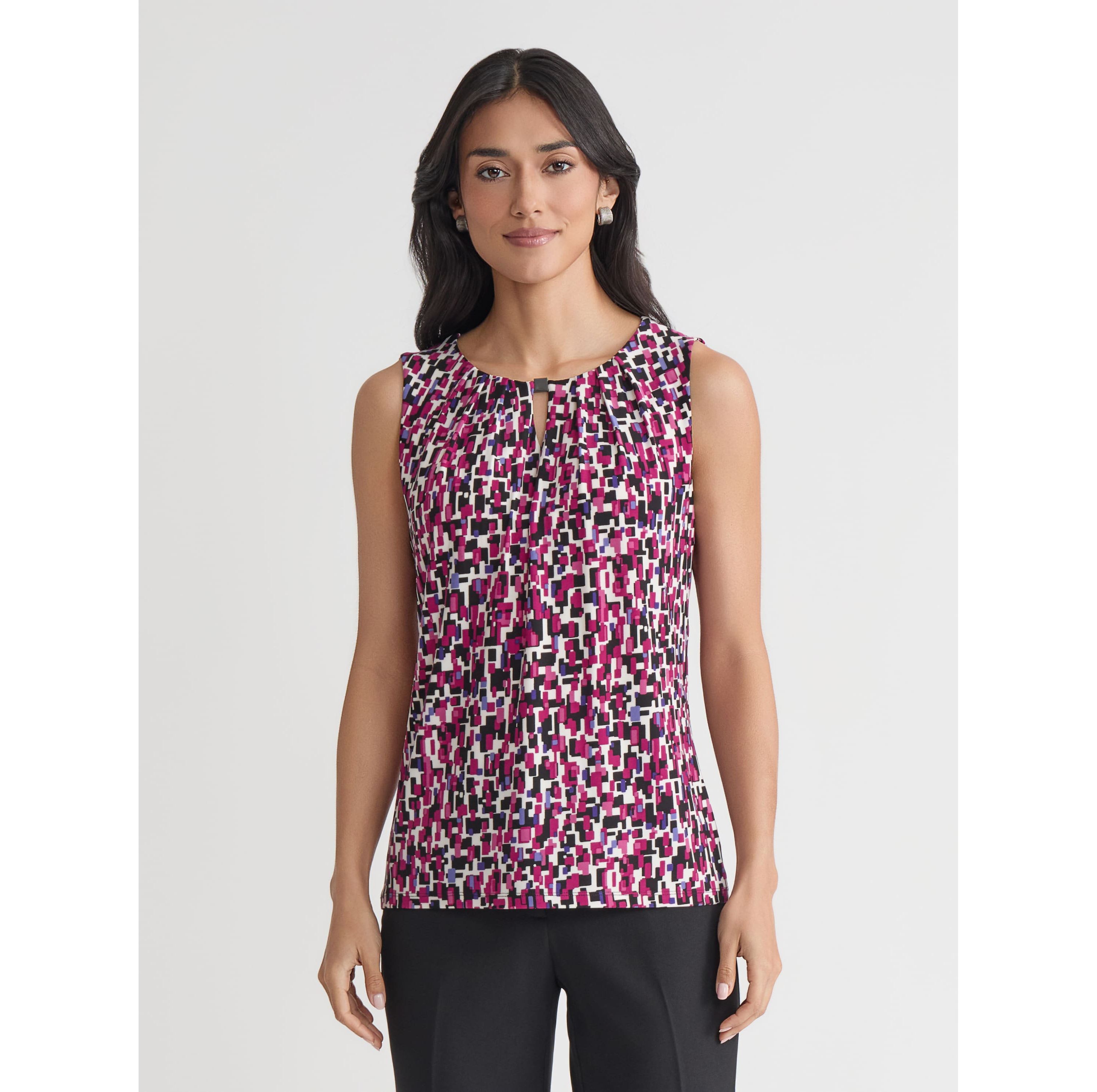 Petite Multi Print Sleeveless Pleat Neck Knit Top