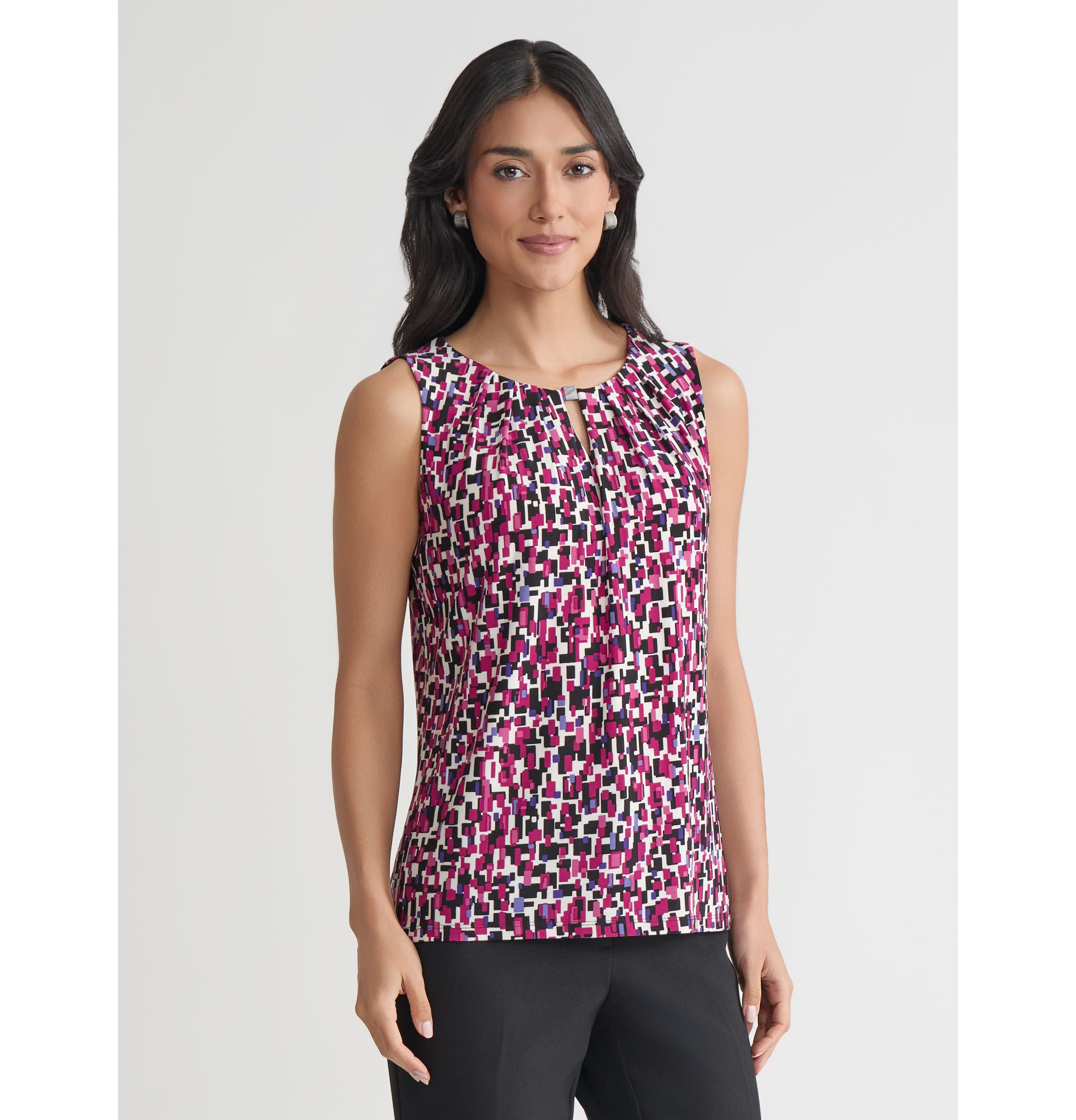 Petite Multi Print Sleeveless Pleat Neck Knit Top