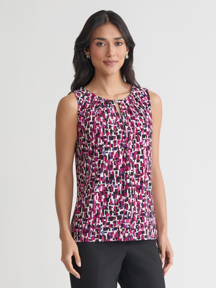 Petite Multi Print Sleeveless Pleat Neck Knit Top