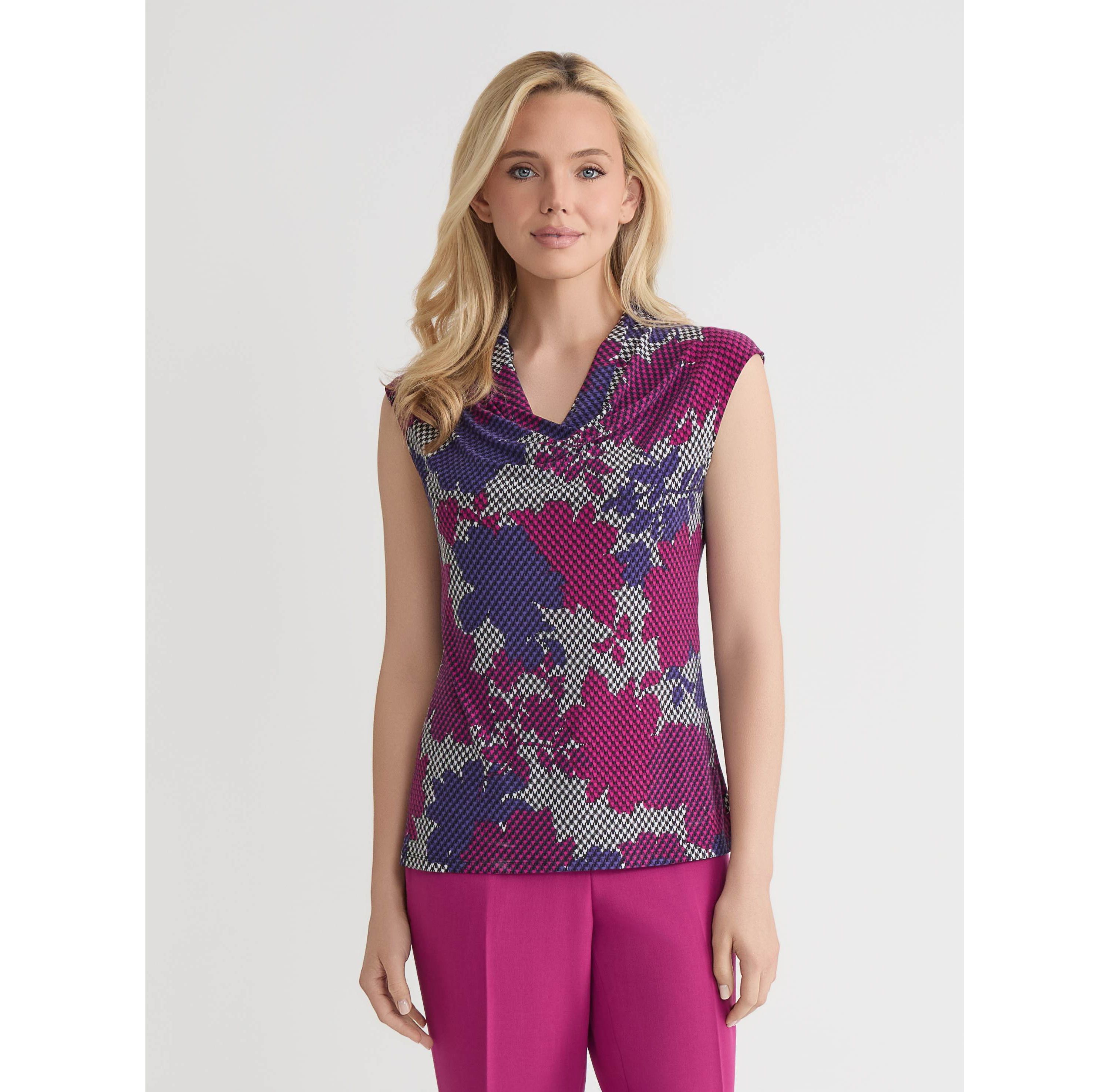 Petite Houndstooth Floral Print Cowl Neck Knit Top