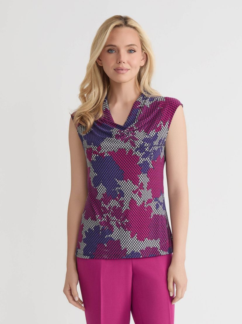 Petite Houndstooth Floral Print Cowl Neck Knit Top