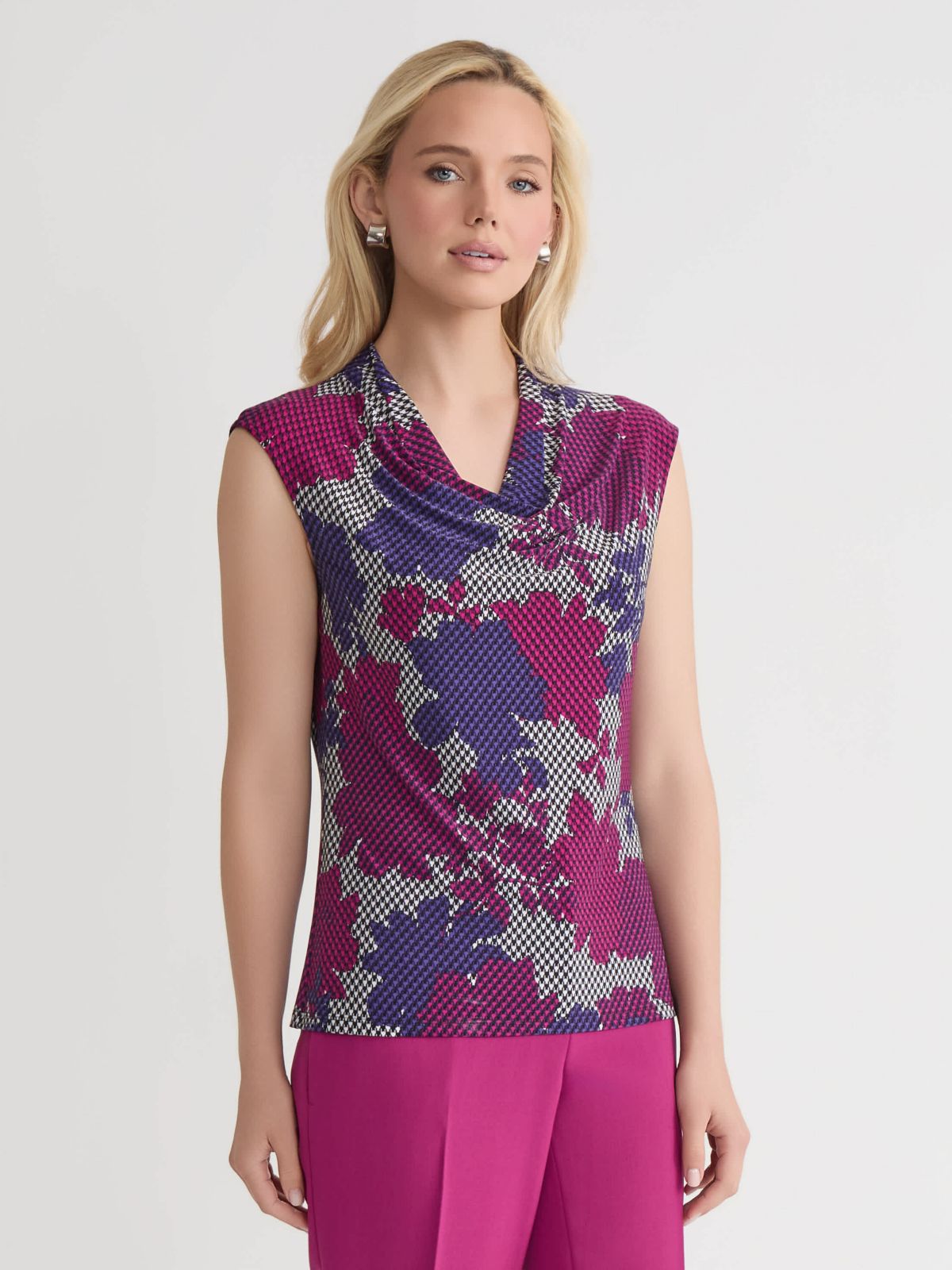 Petite Houndstooth Floral Print Cowl Neck Knit Top