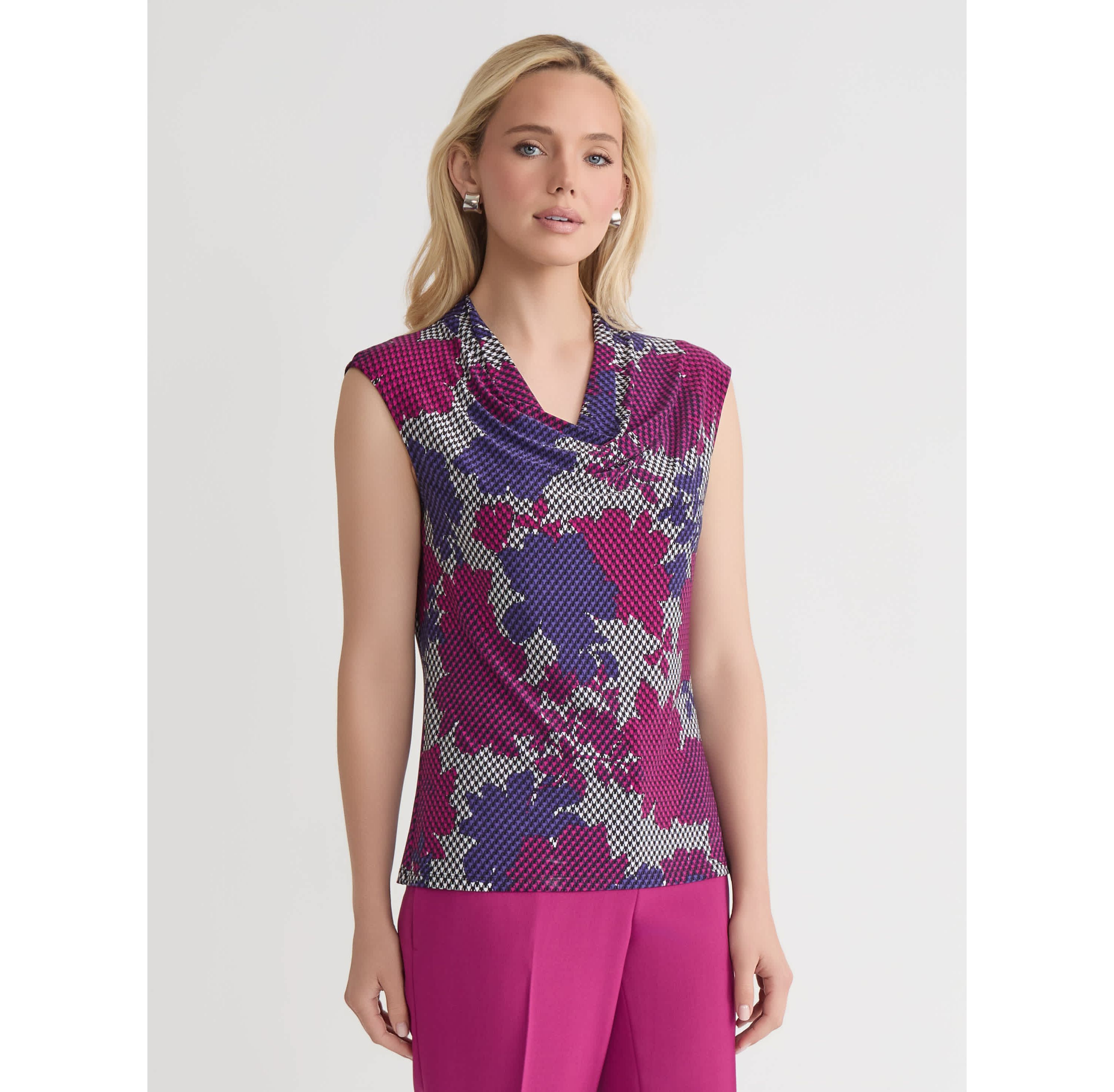Petite Houndstooth Floral Print Cowl Neck Knit Top