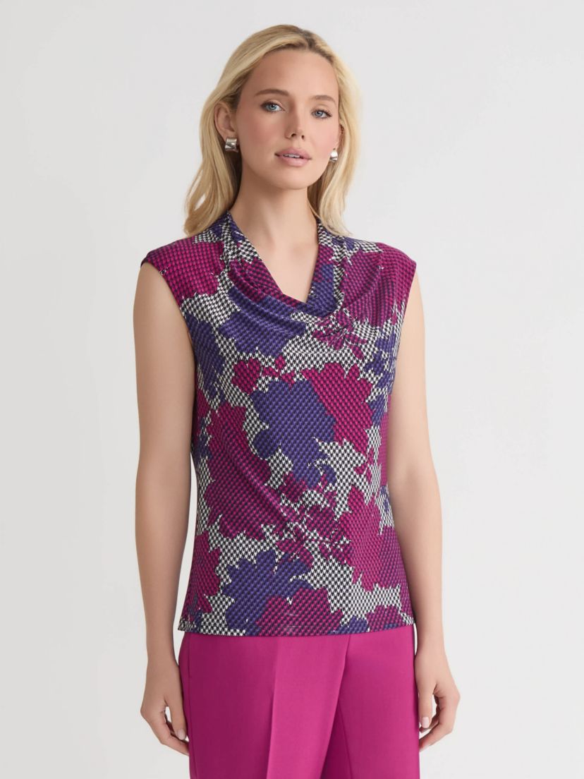 Petite Houndstooth Floral Print Cowl Neck Knit Top