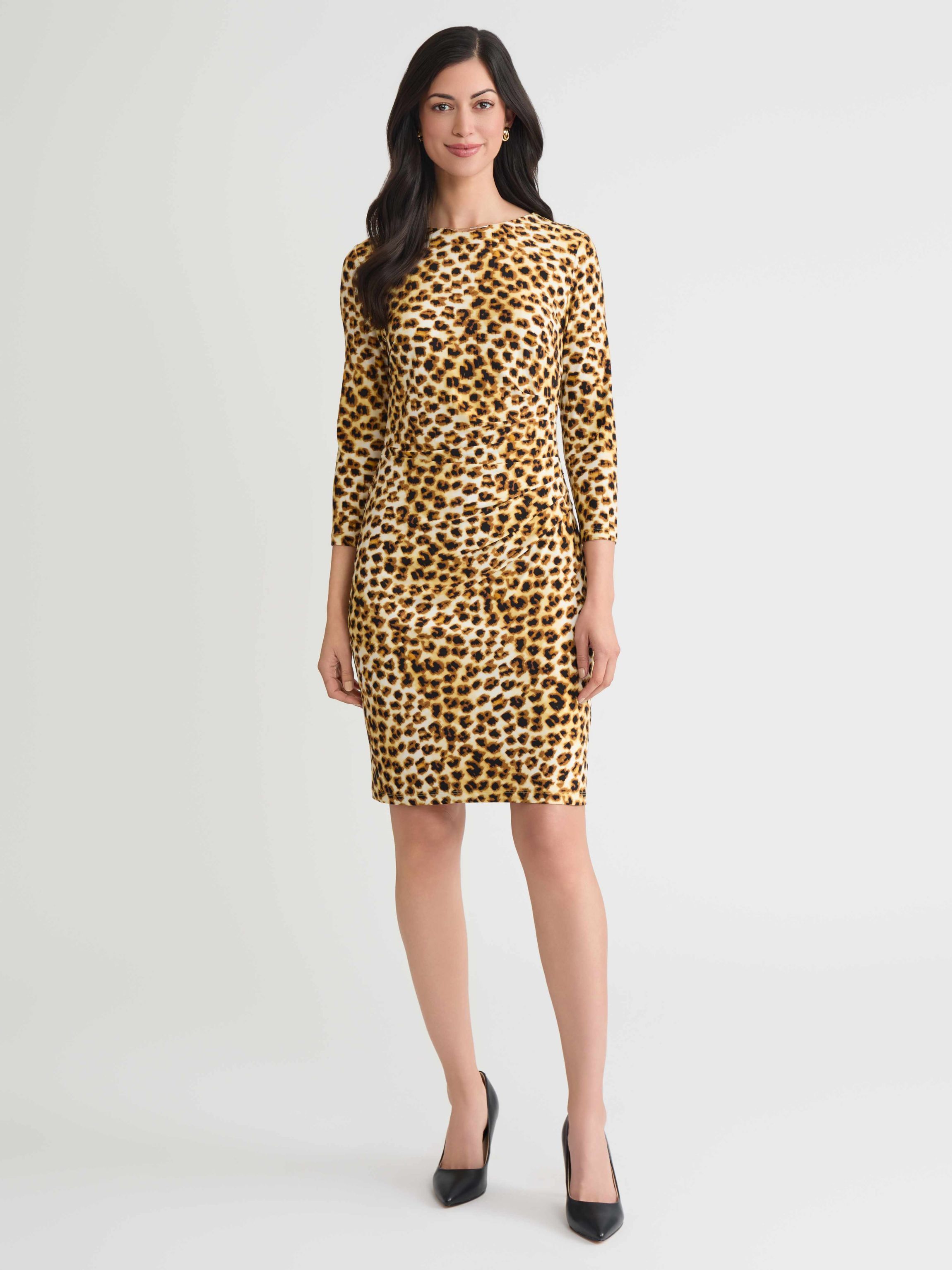 Petite Animal Print Rouched Knit Dress with Hardware