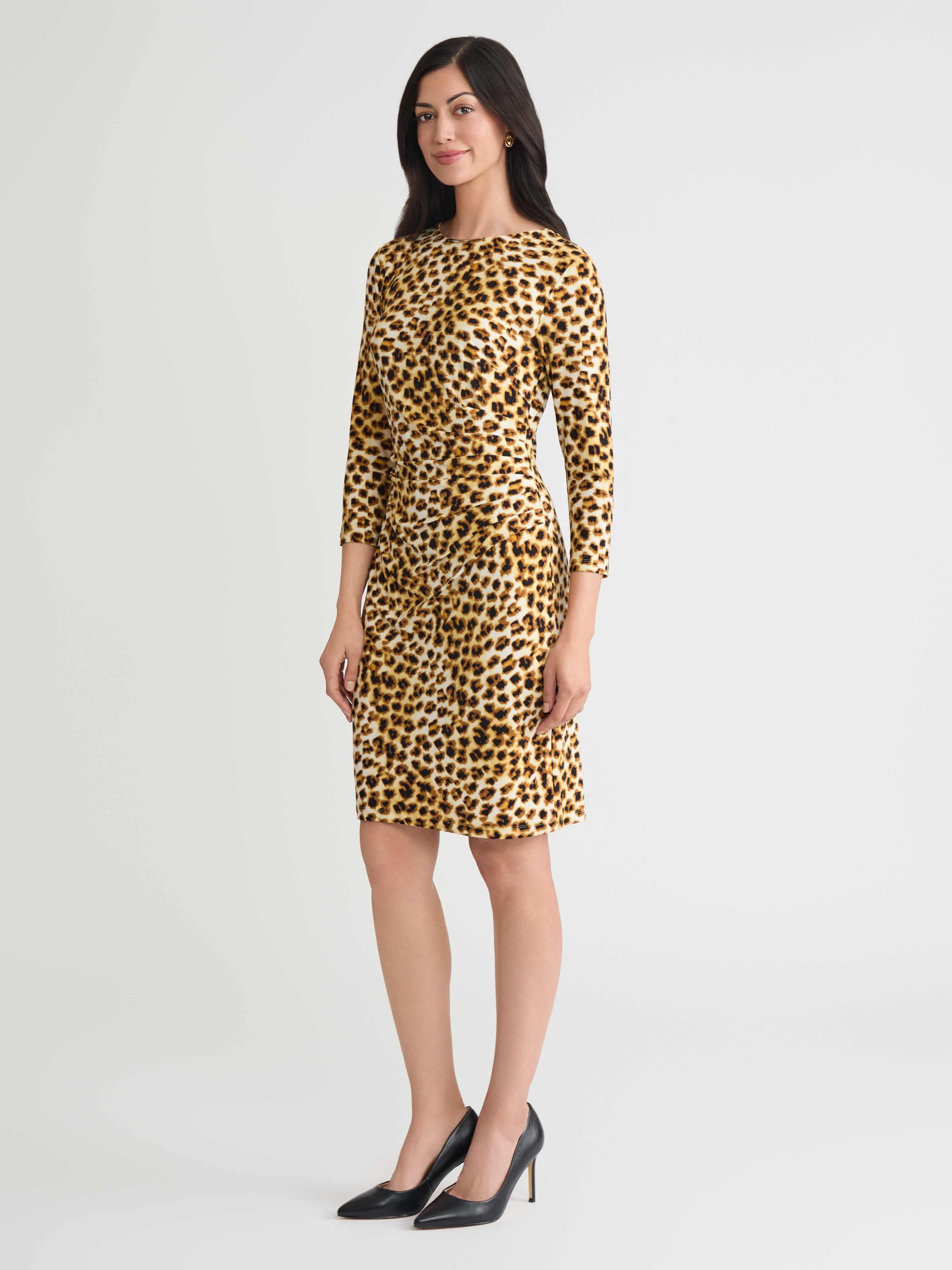 Petite Animal Print Rouched Knit Dress with Hardware