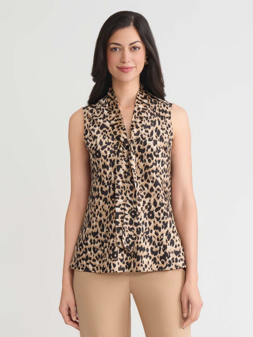 Womens Animal Print Sleeveless Tie Neck Blouse
