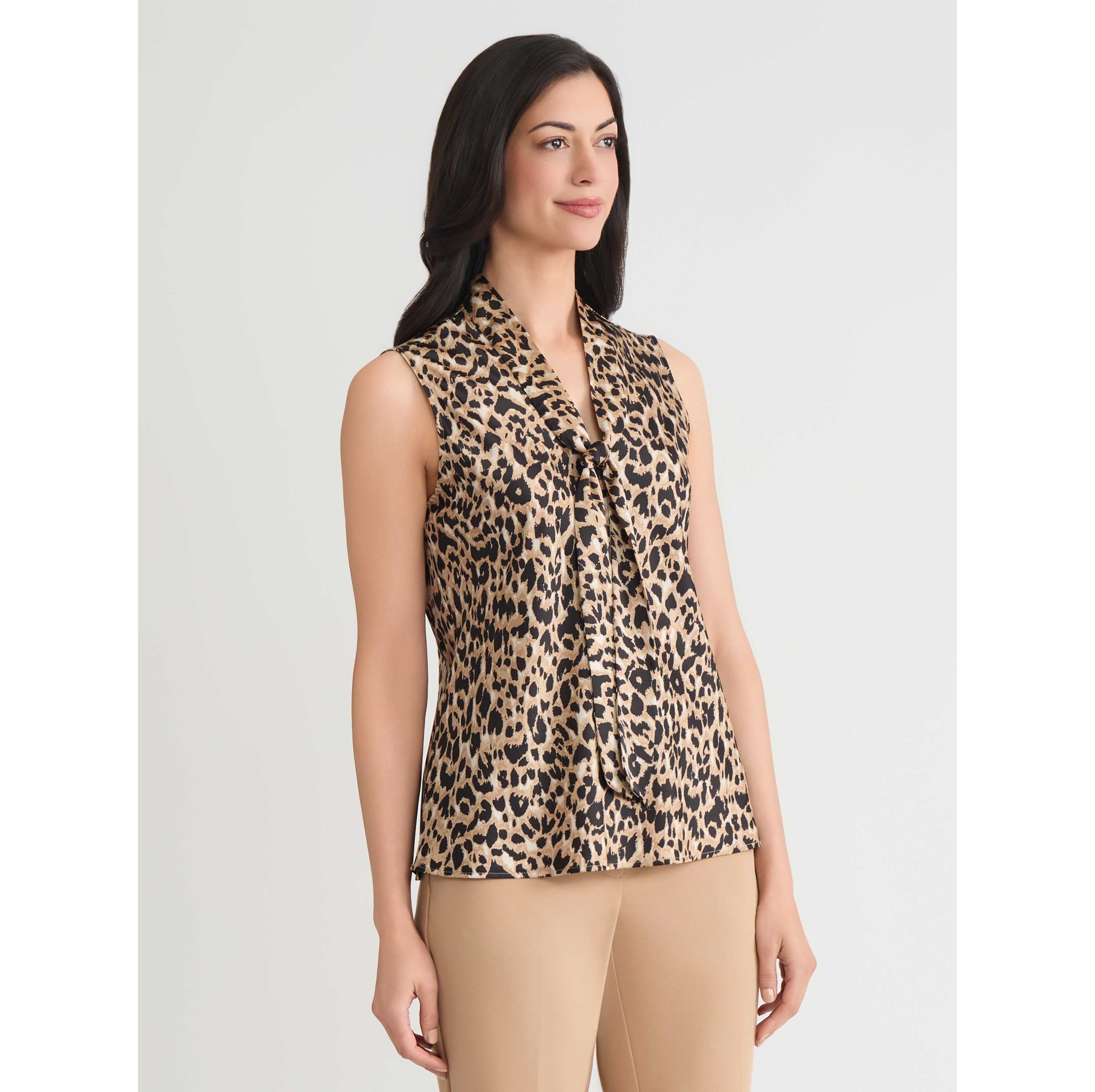 Womens Animal Print Sleeveless Tie Neck Blouse