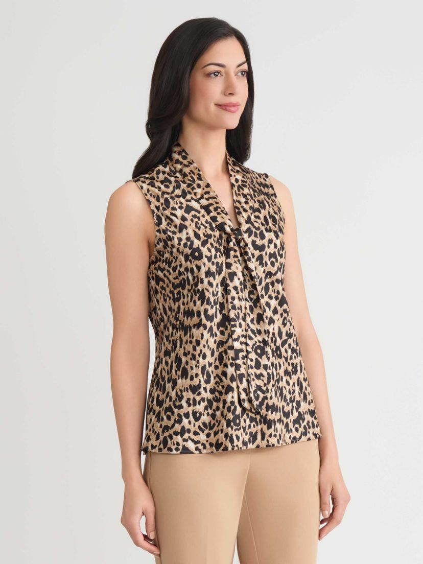Womens Animal Print Sleeveless Tie Neck Blouse