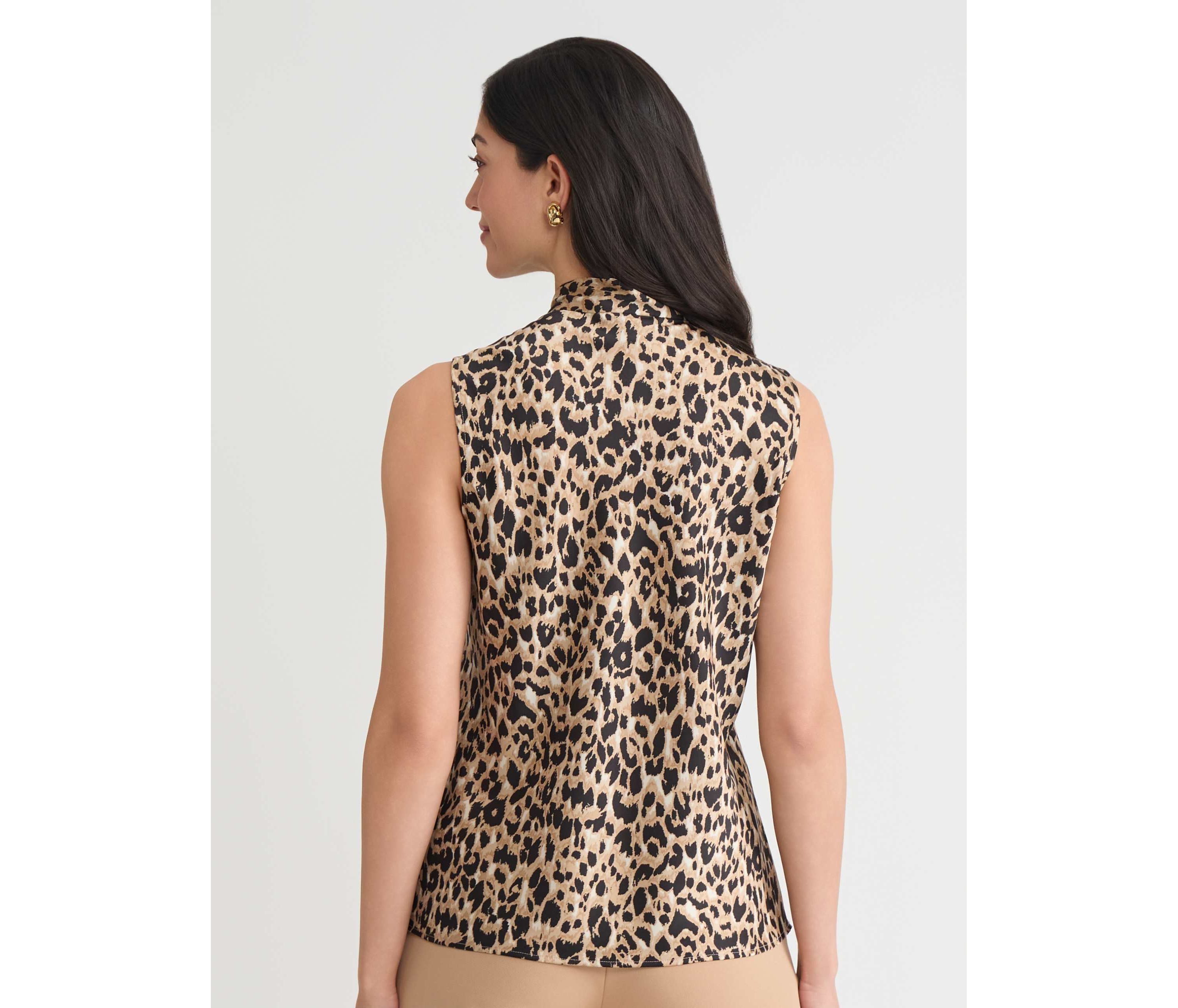 Womens Animal Print Sleeveless Tie Neck Blouse