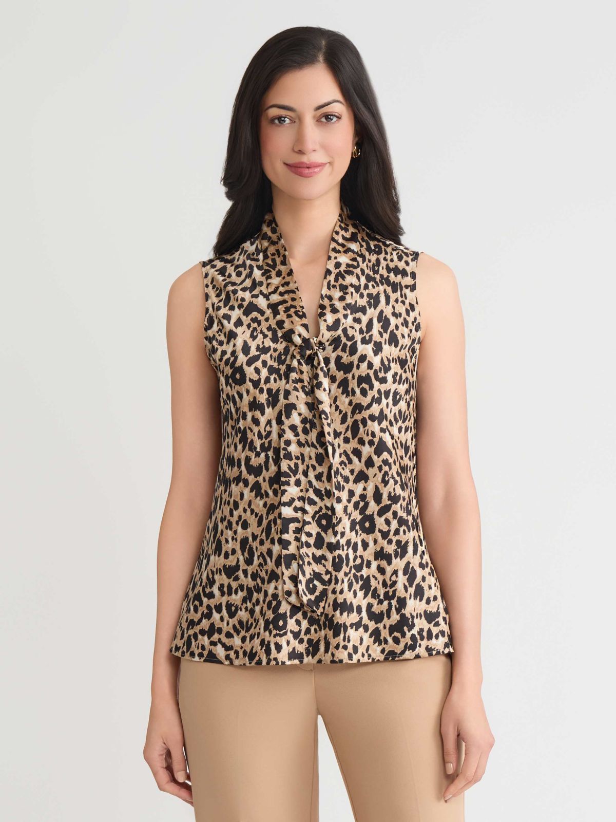 Petite Animal Print Sleeveless Tie Neck Blouse