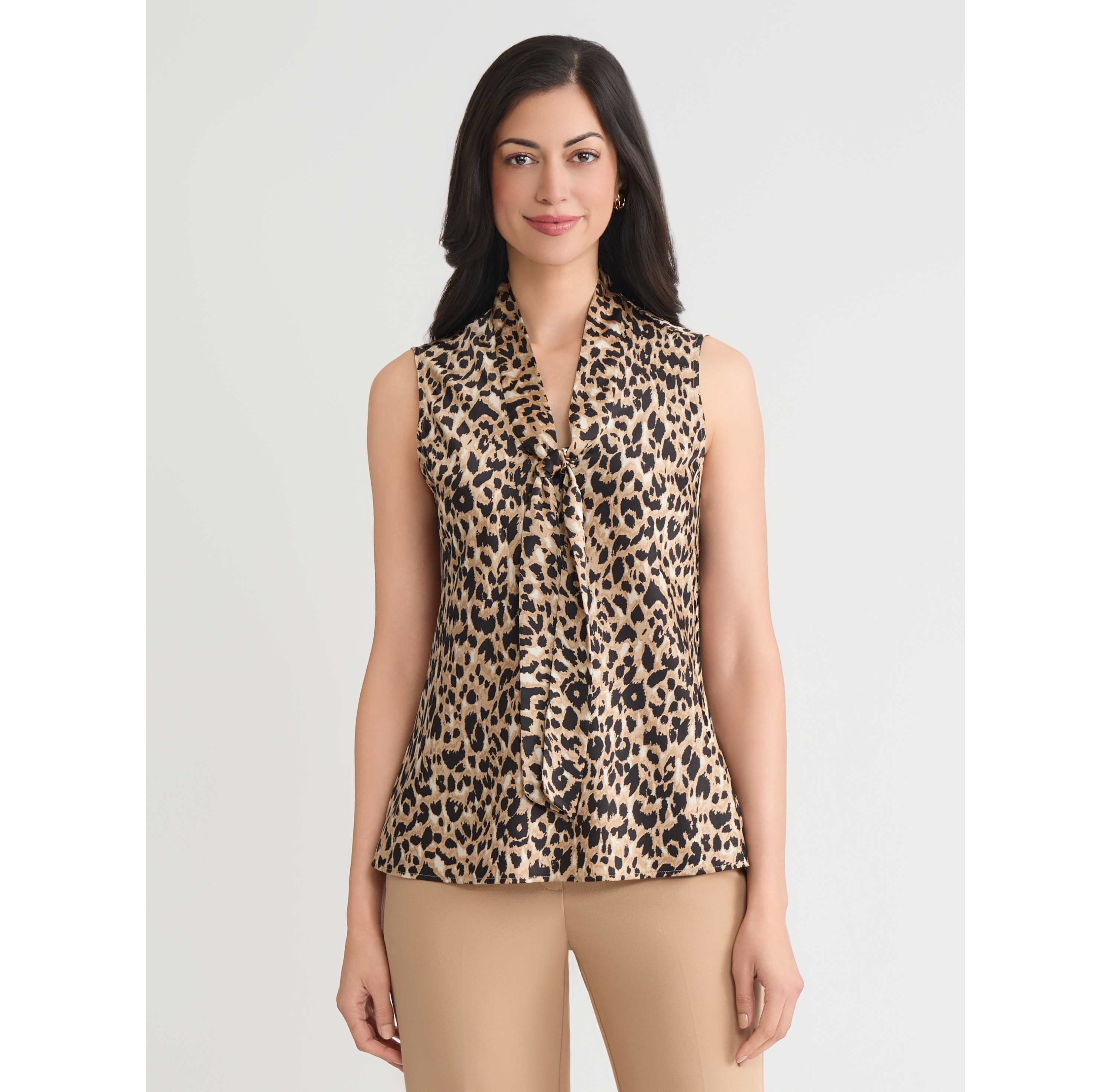 Petite Animal Print Sleeveless Tie Neck Blouse