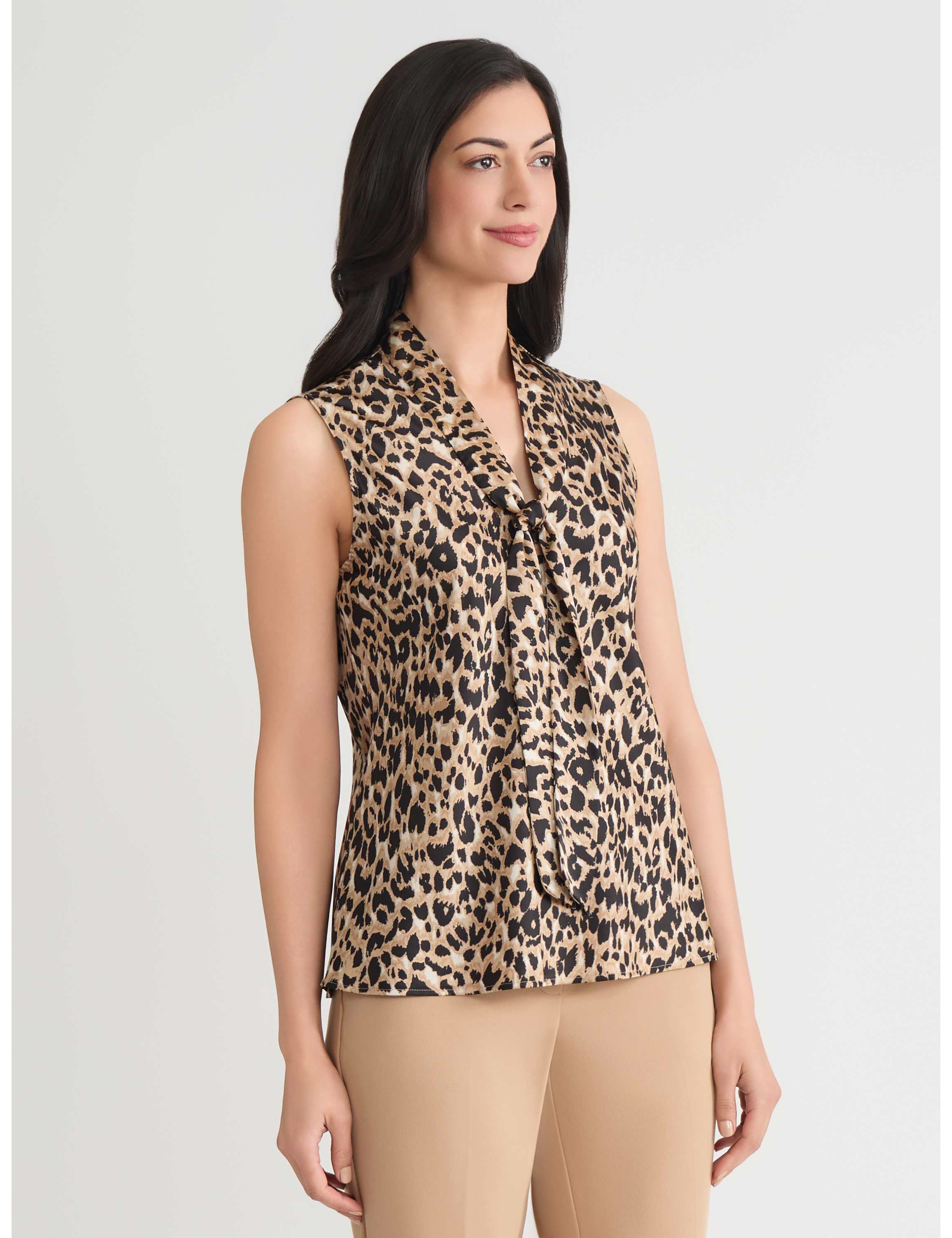 Petite Animal Print Sleeveless Tie Neck Blouse