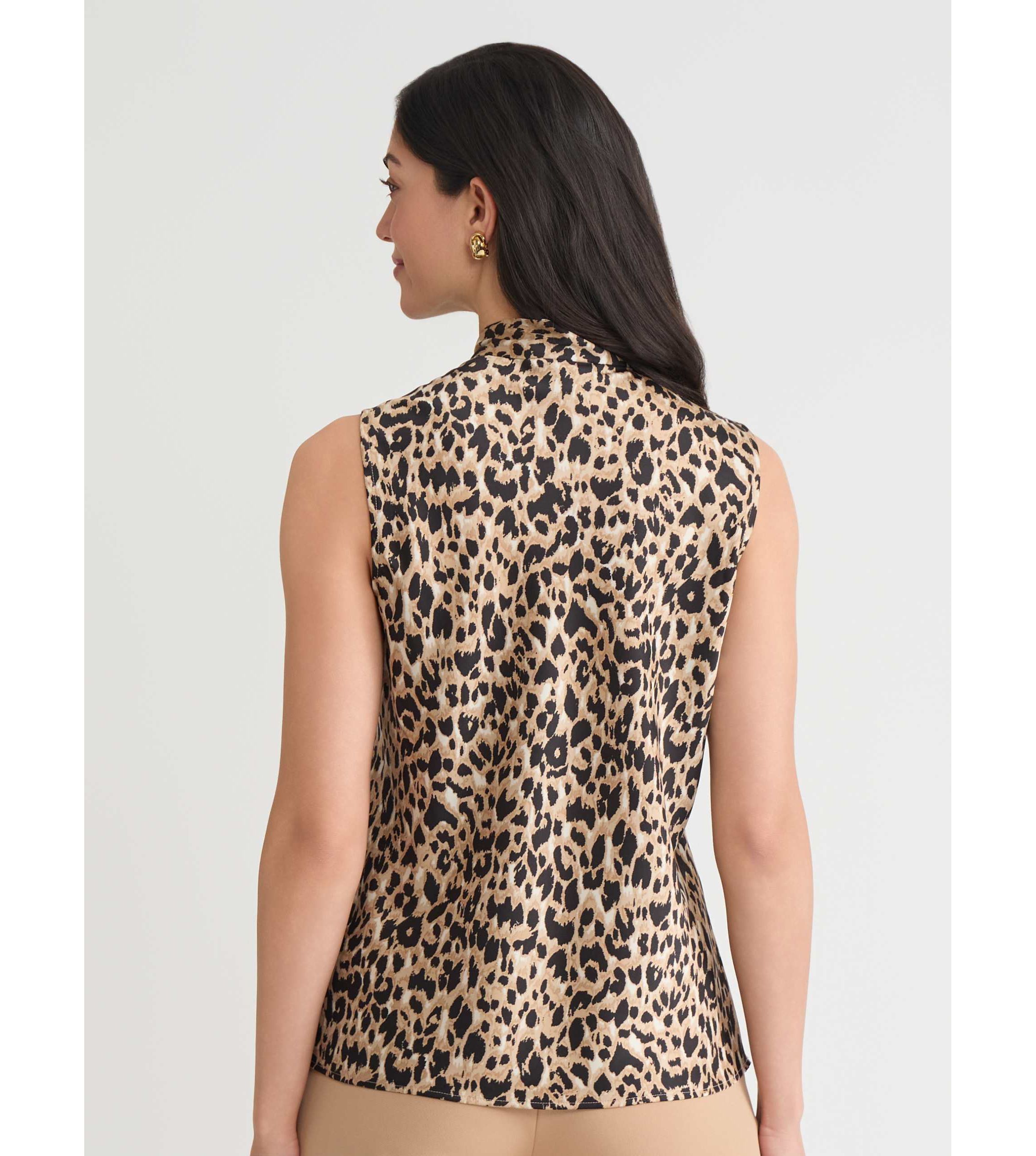 Petite Animal Print Sleeveless Tie Neck Blouse