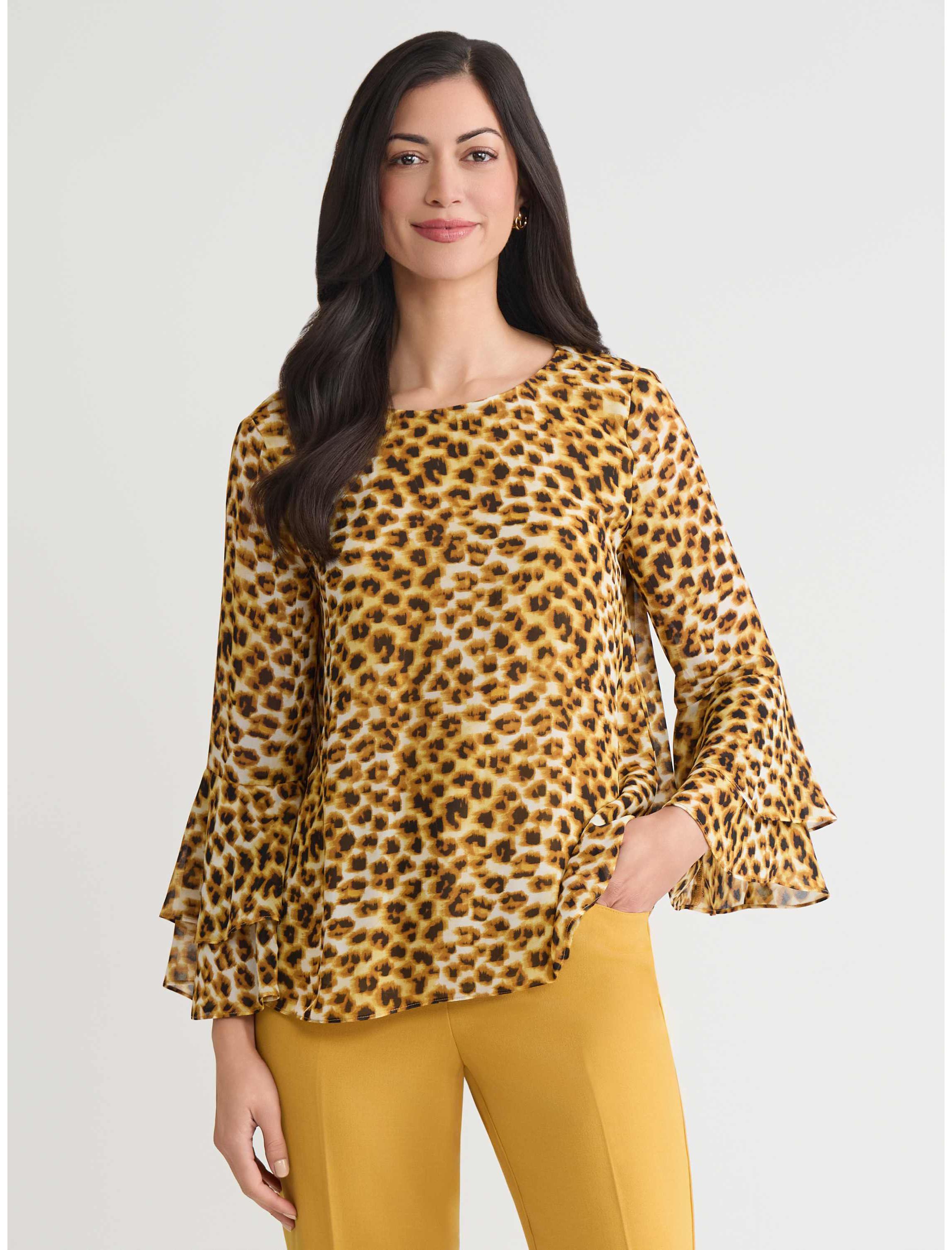 Petite Animal Print Tiered Ruffle Sleeve Blouse