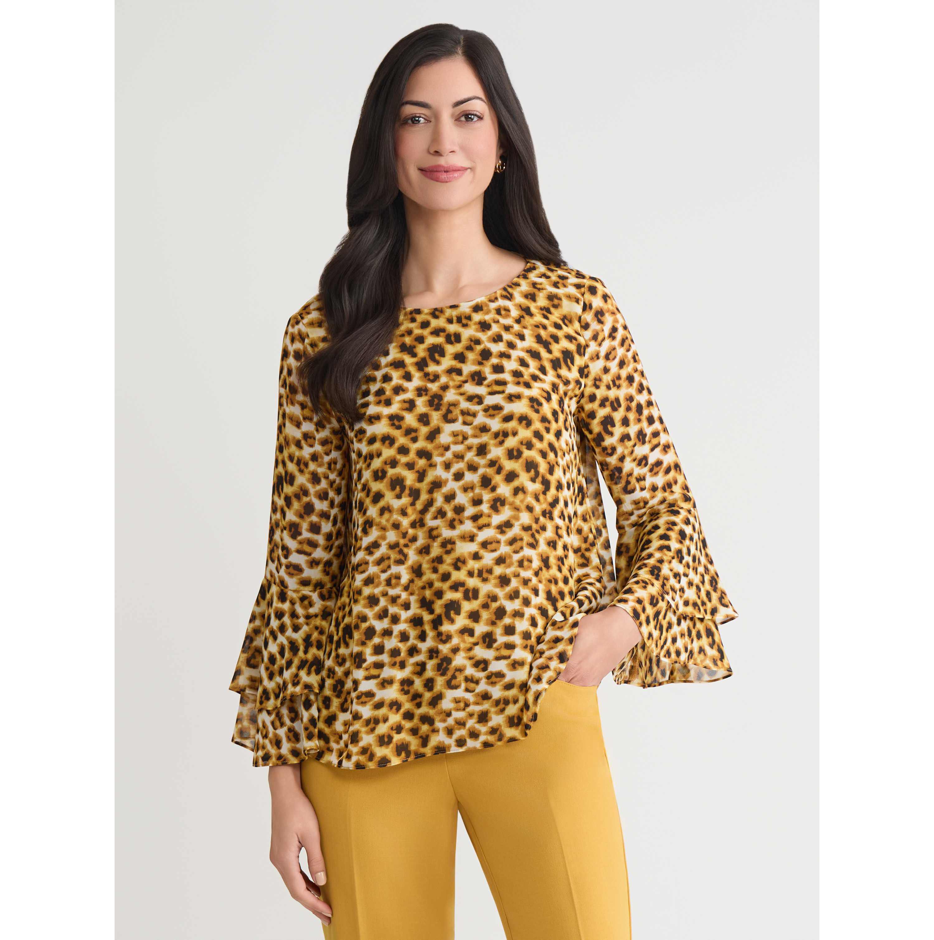 Petite Animal Print Tiered Ruffle Sleeve Blouse
