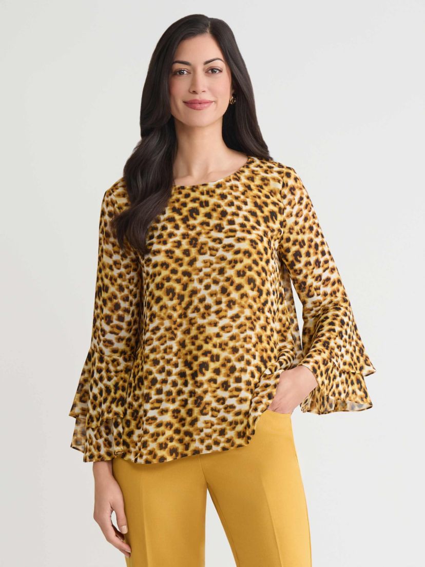 Petite Animal Print Tiered Ruffle Sleeve Blouse