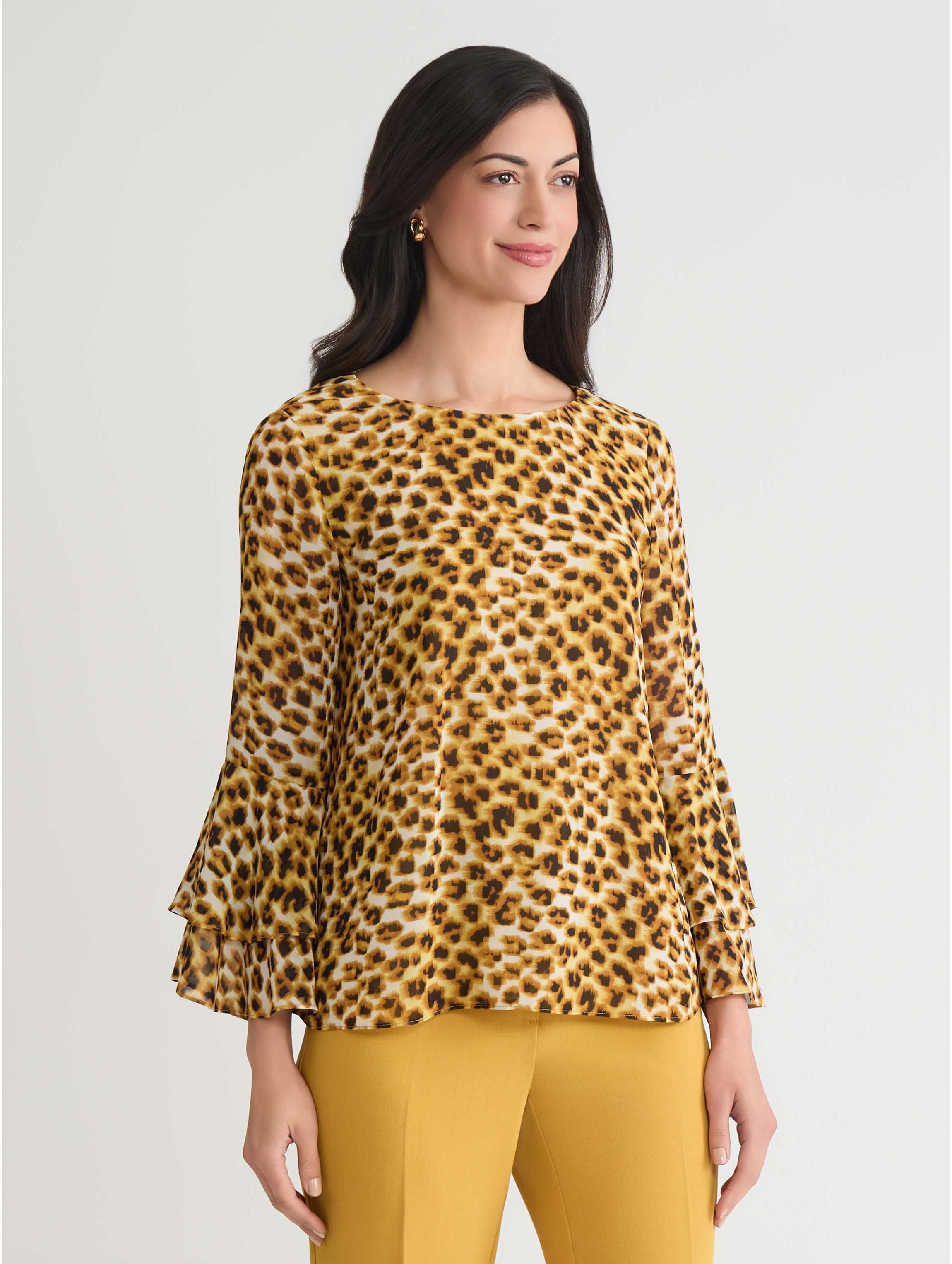 Petite Animal Print Tiered Ruffle Sleeve Blouse