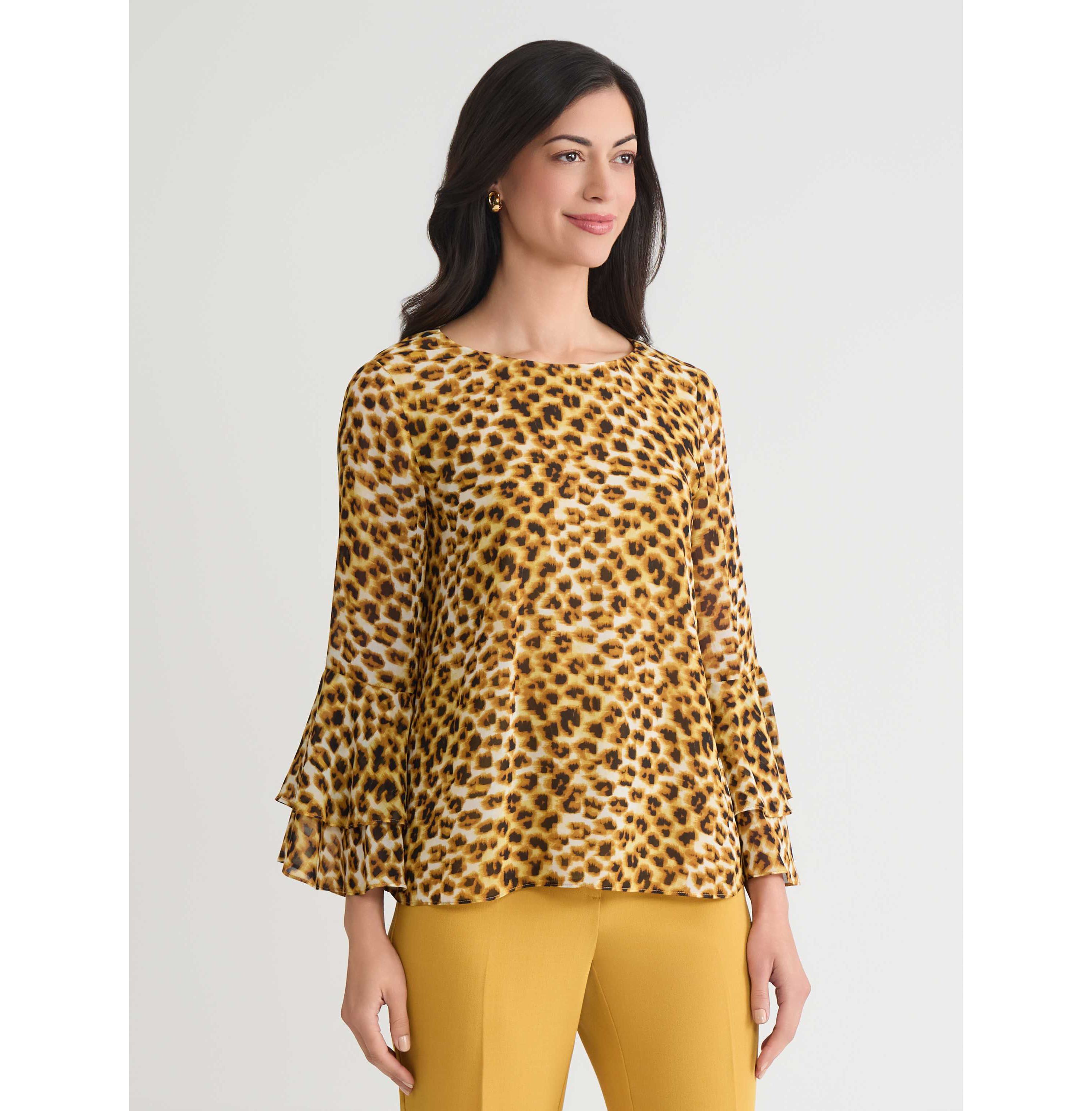 Petite Animal Print Tiered Ruffle Sleeve Blouse