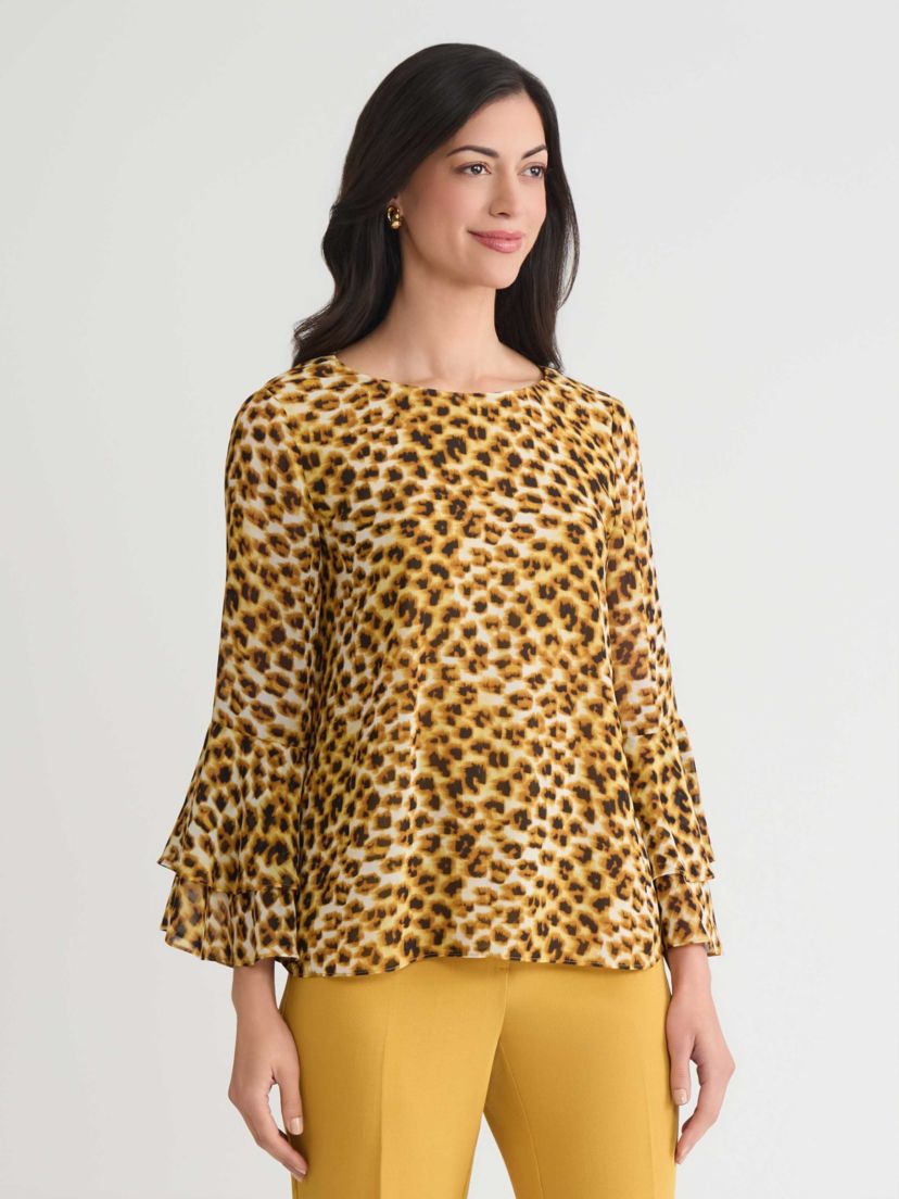 Petite Animal Print Tiered Ruffle Sleeve Blouse