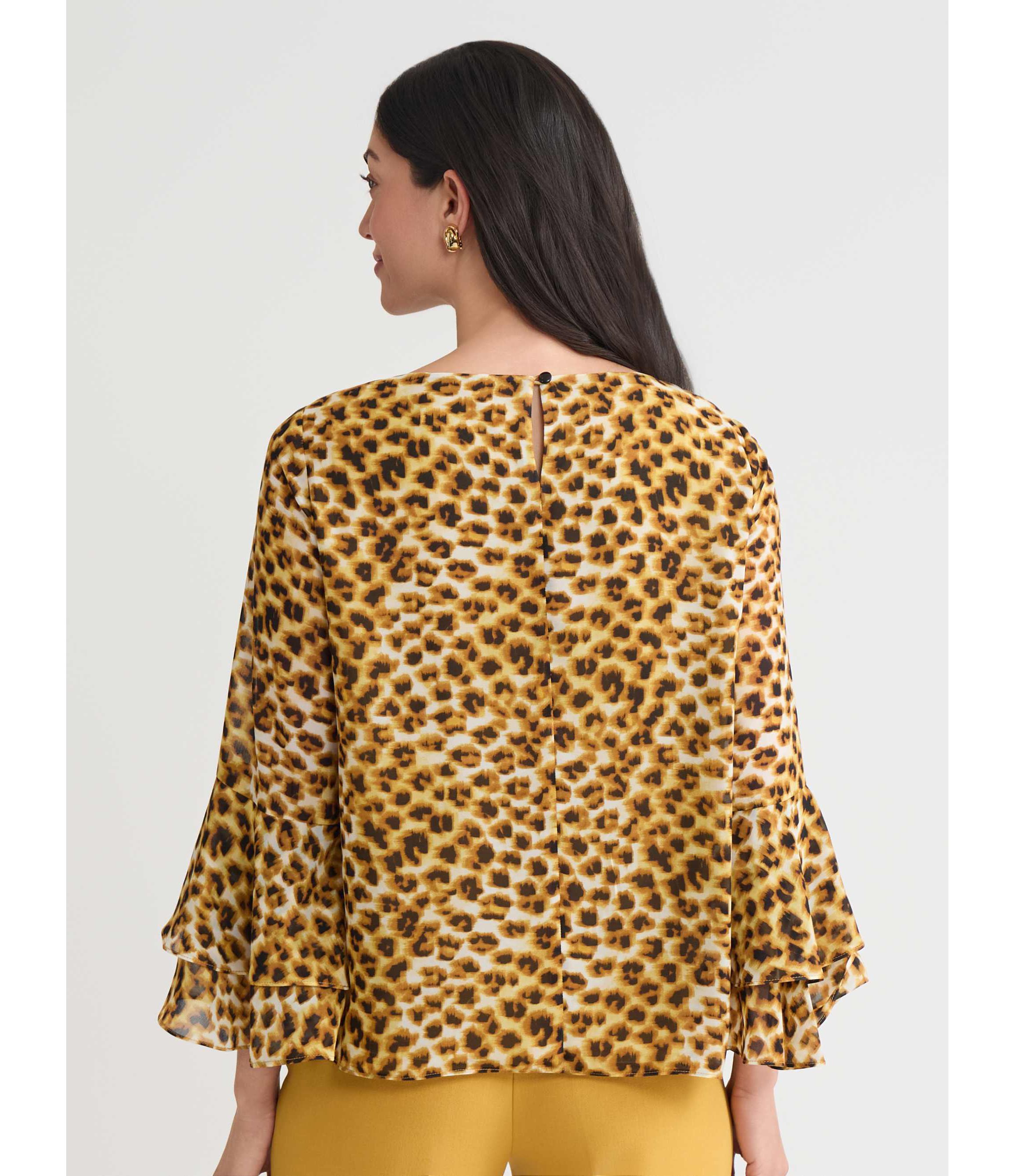 Petite Animal Print Tiered Ruffle Sleeve Blouse