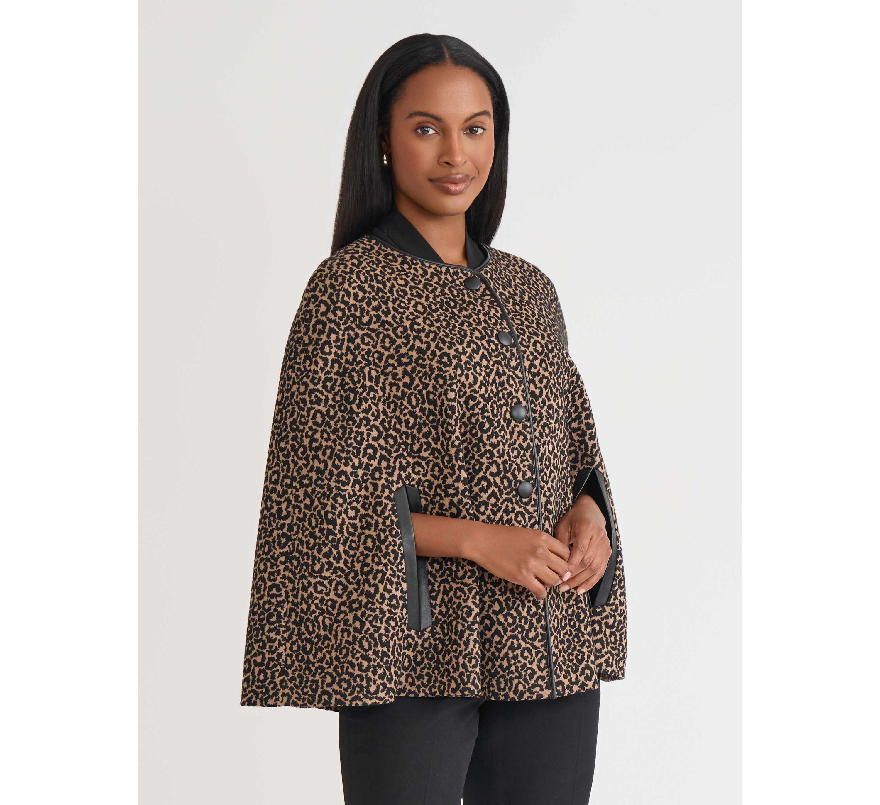 Petite Animal Jacquard Cape with Leather Trim