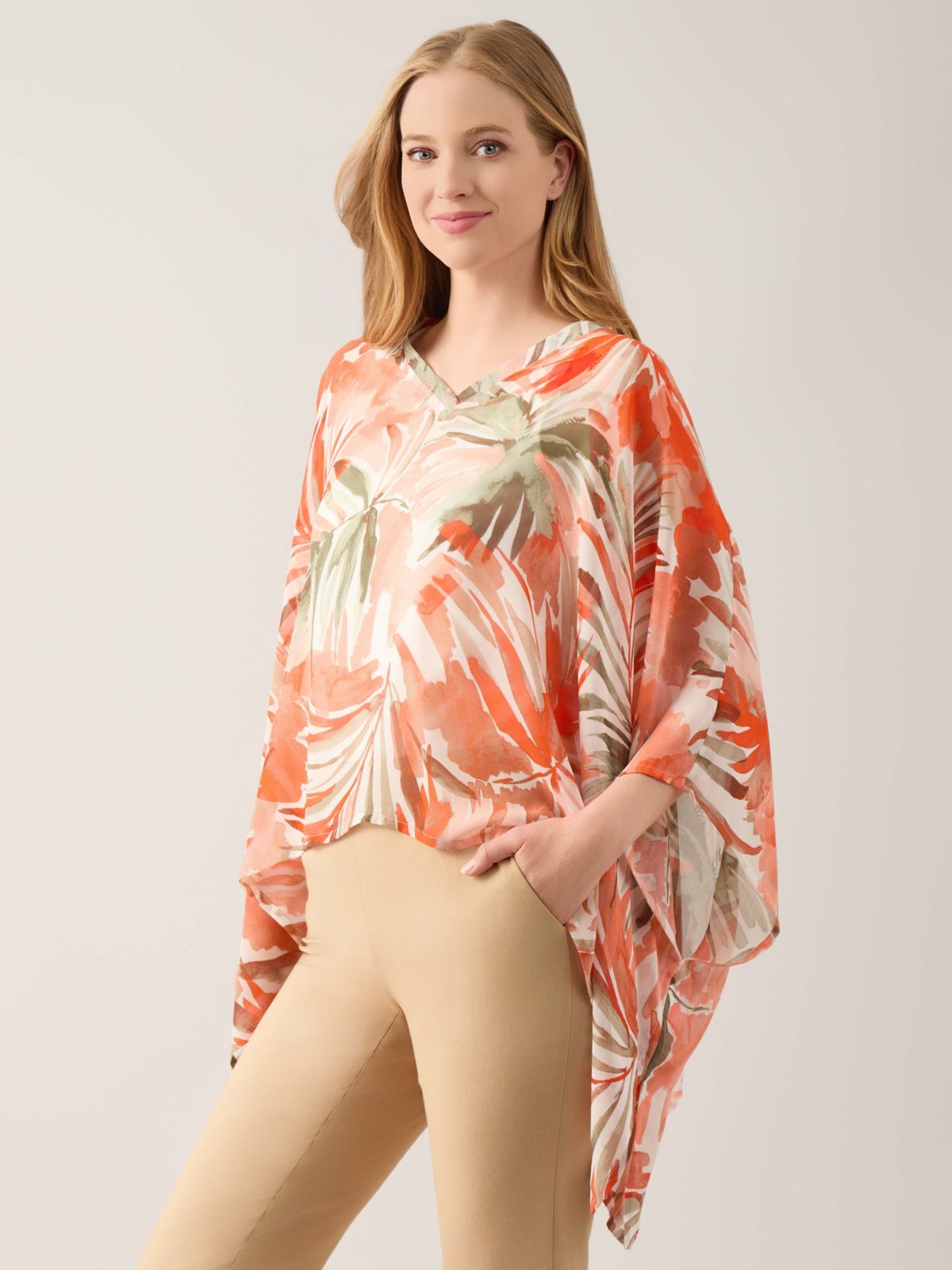 Watercolor Print V-Neck Poncho